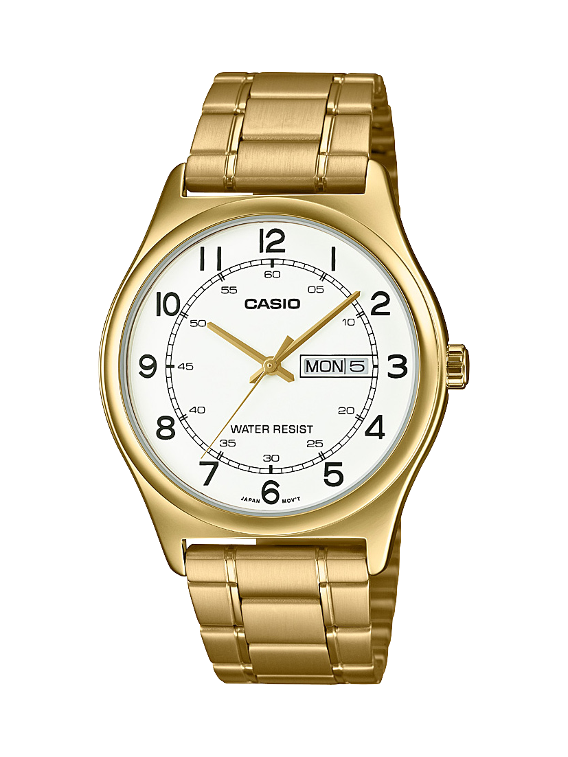 Casio Analogue Day & Date Stainless Steel Gold Case & Band White Dial Watch - MTPV006G-7B CASIO 