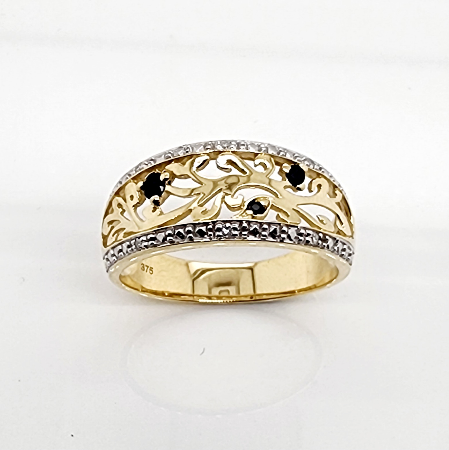 9ct Yellow Gold Diamond & Black Sapphire Filigree Ring Gold Rings 9ct Yellow Gold Diamond & Black Sapphire Filigree Ring Gold Rings