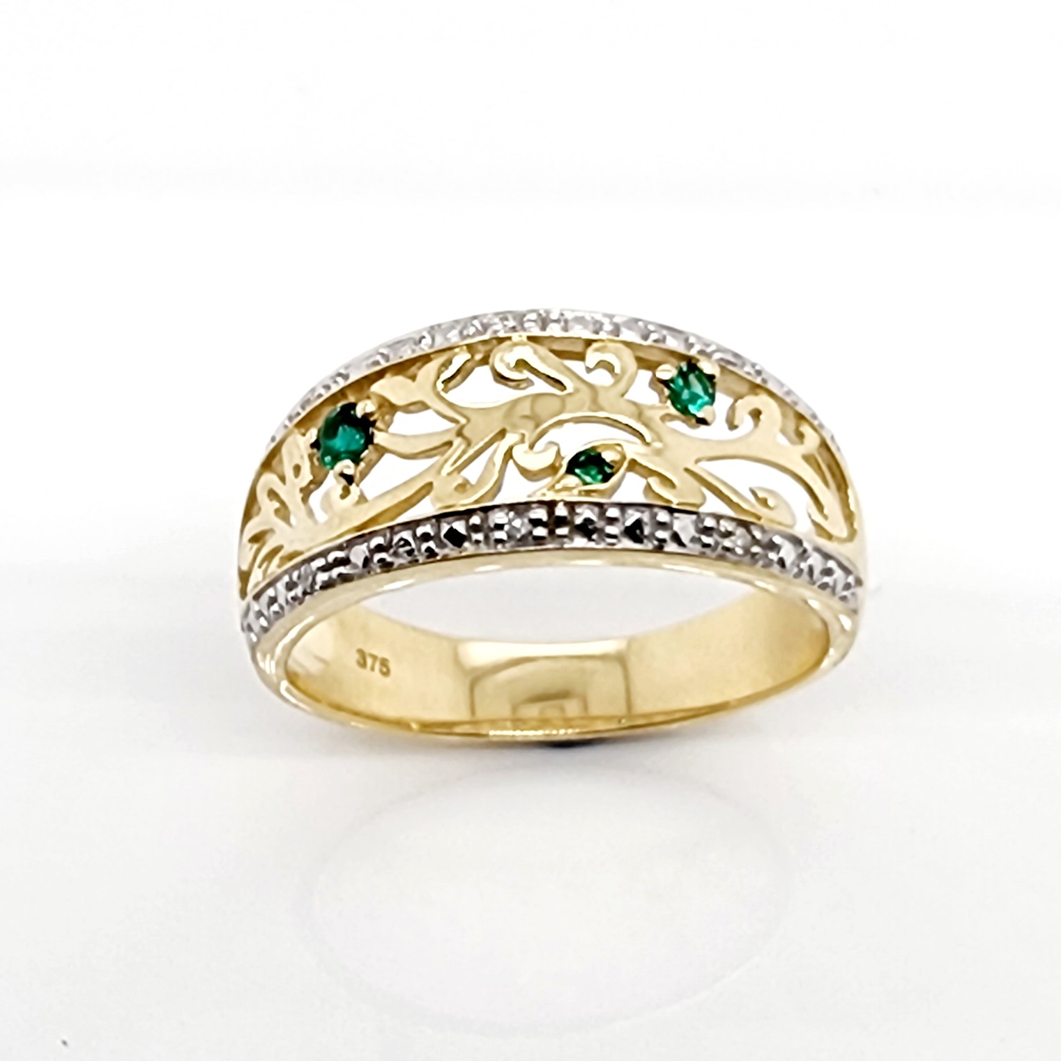 9ct Yellow Gold Diamond & Created Emerald Filigree Ring Gold Rings 9ct Yellow Gold Diamond & Created Emerald Filigree Ring Gold Rings