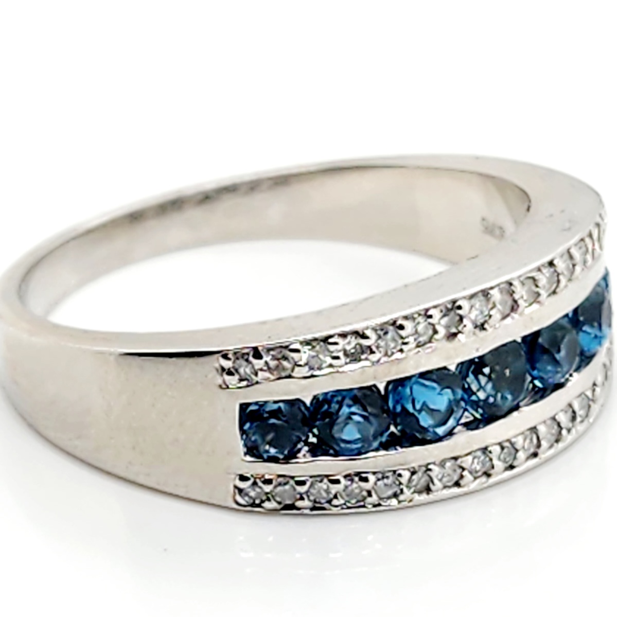 3 Row Ring with Blue Topaz & 0.17 Carat Diamond in 9ct White Gold Gold Rings 3 Row Ring with Blue Topaz & 0.17 Carat Diamond in 9ct White Gold Gold Rings