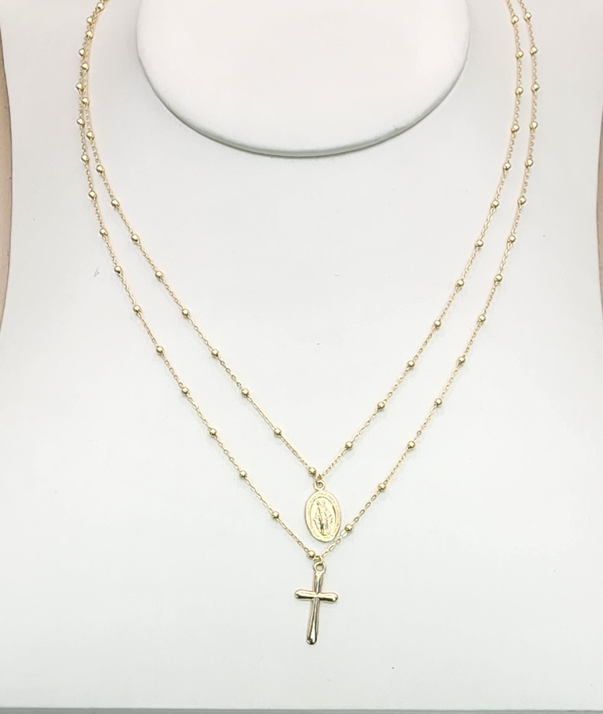 9ct Yellow Gold Double Necklace Mother Mary & Cross Necklace Set 55cm Long Gold Pendants 9ct Yellow Gold Double Necklace Mother Mary & Cross Necklace Set 55cm Long Gold Pendants