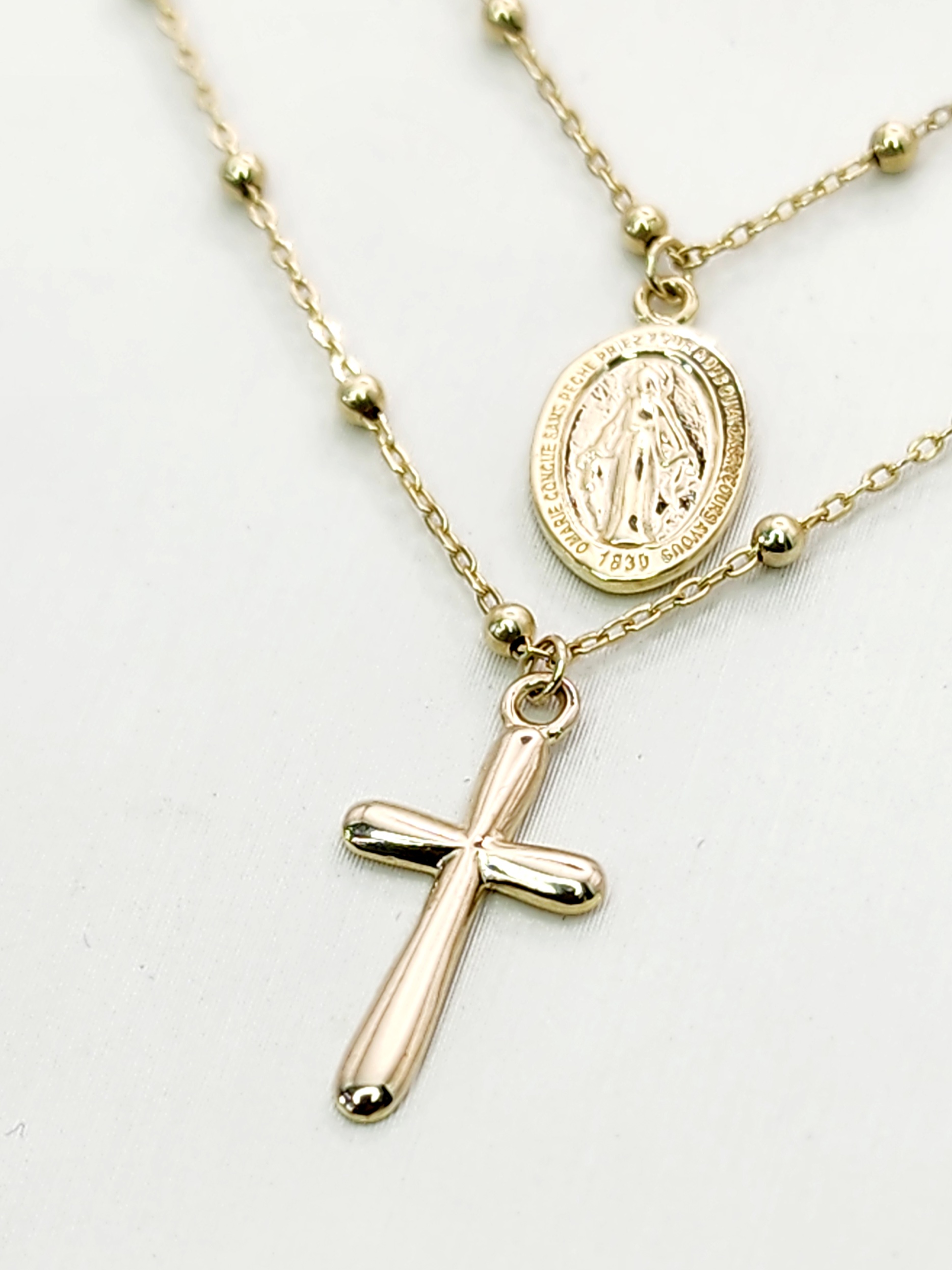 9ct Yellow Gold Double Necklace Mother Mary & Cross Necklace Set 55cm Long Gold Pendants 9ct Yellow Gold Double Necklace Mother Mary & Cross Necklace Set 55cm Long Gold Pendants