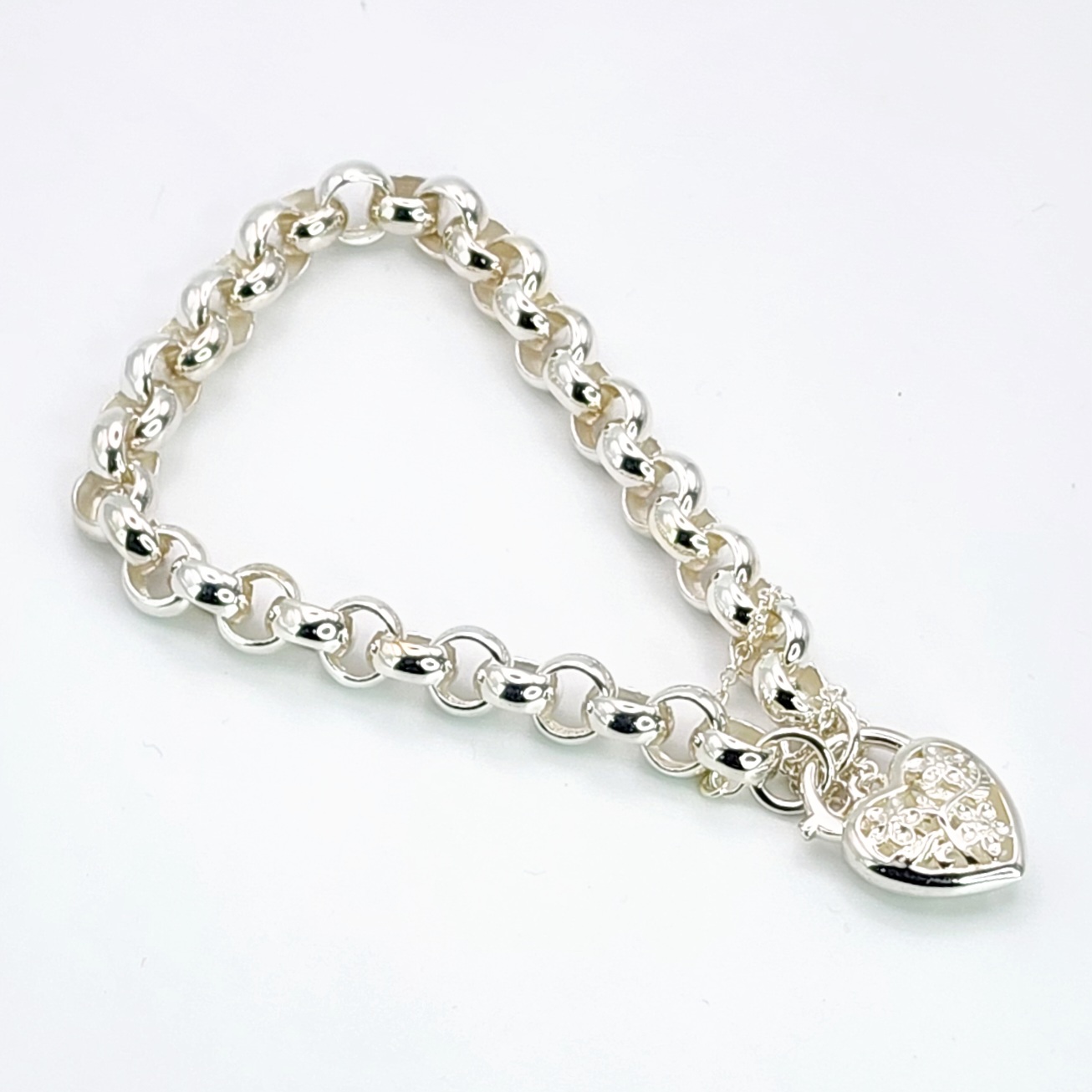 Sterling Silver 19cm Belcher Bracelet With Filigree Heart Padlock SKU-CYBA80 Sterling Silver Bracelets 