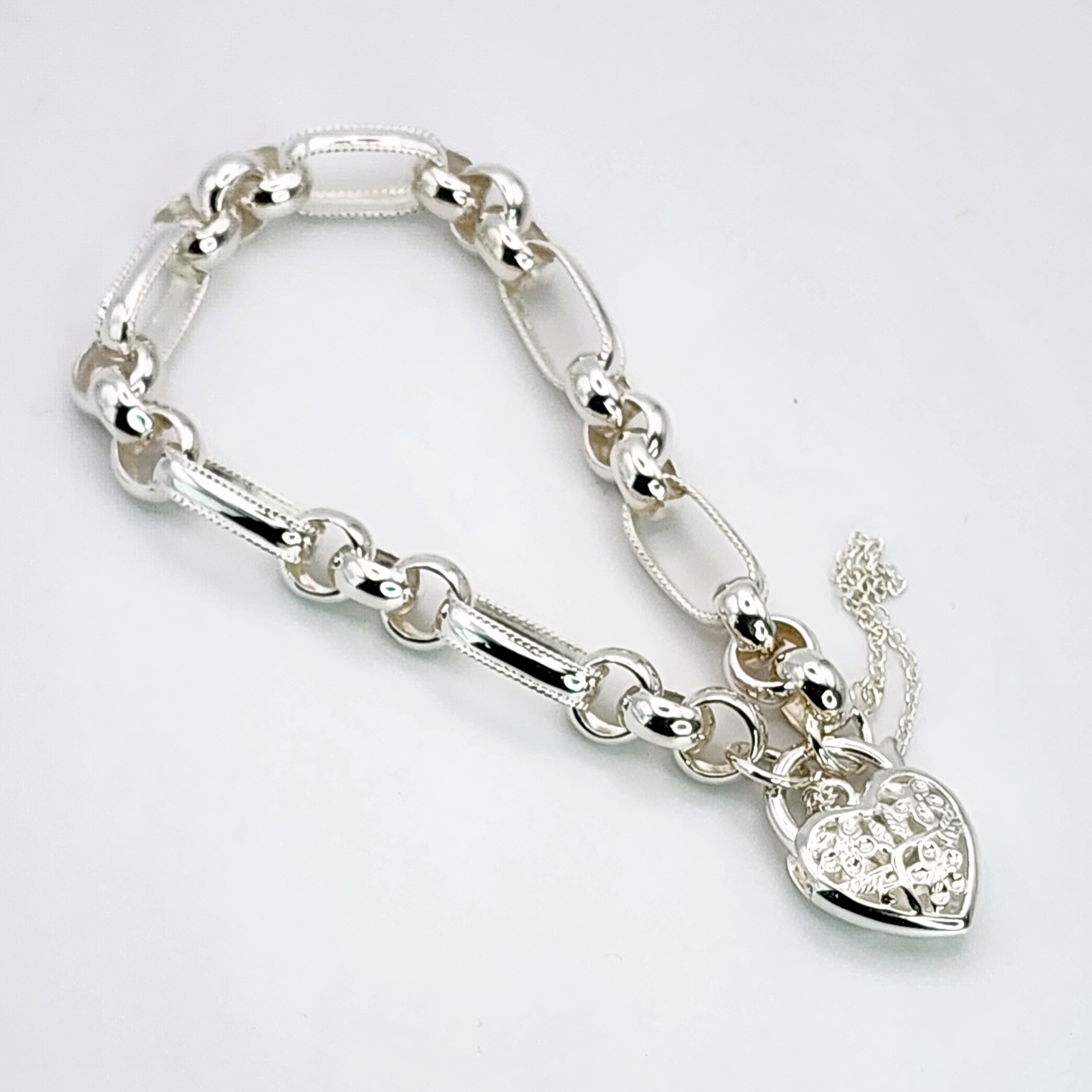 Sterling Silver 19cm Figaro Belcher Bracelet With Filigree Heart Padlock Sterling Silver Bracelets 