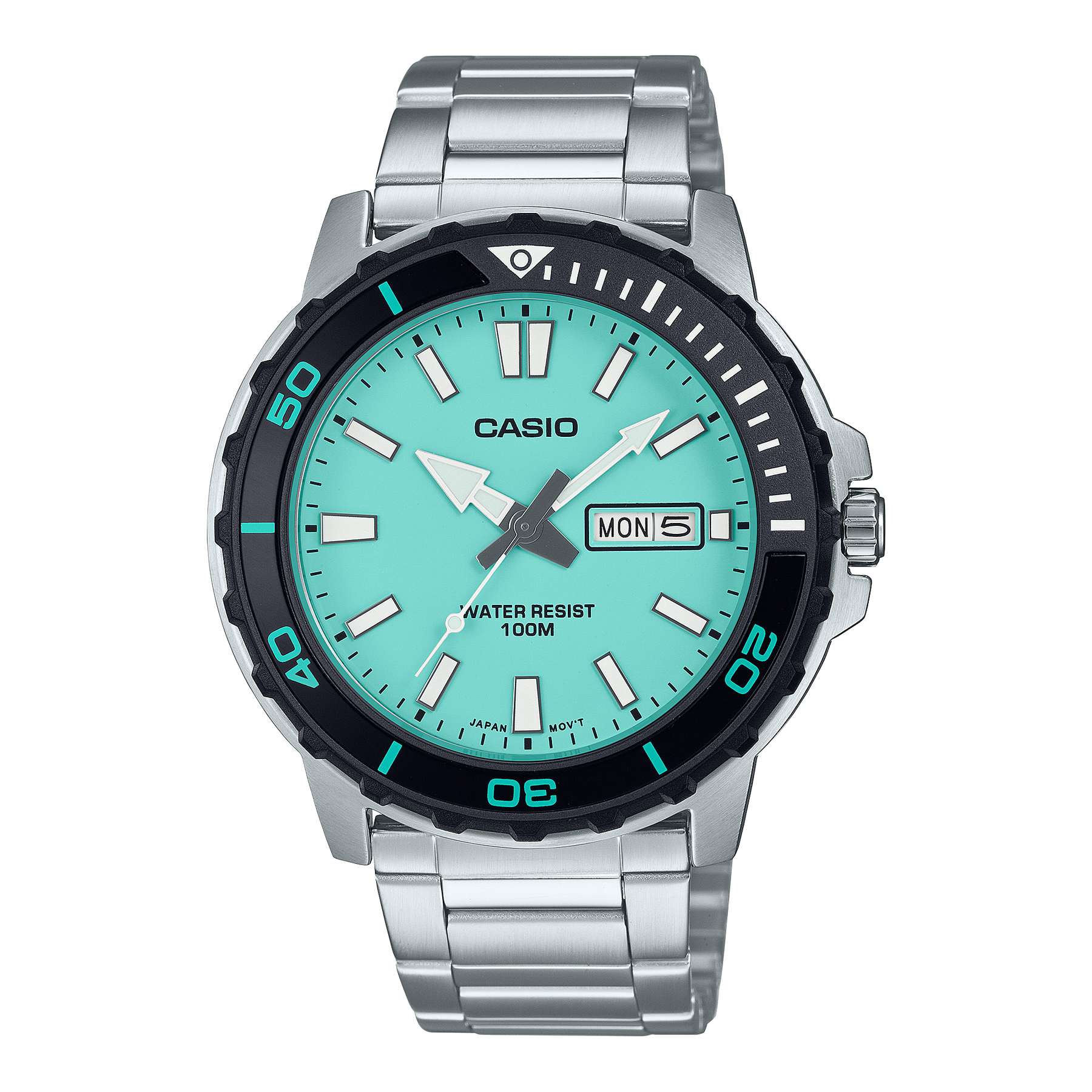 Casio Gents Divers Look 100M WR Rotary Bezel Tiffany Blue Dial Day & Date Stainless Steel Band - MTD125D-2A2 CASIO 