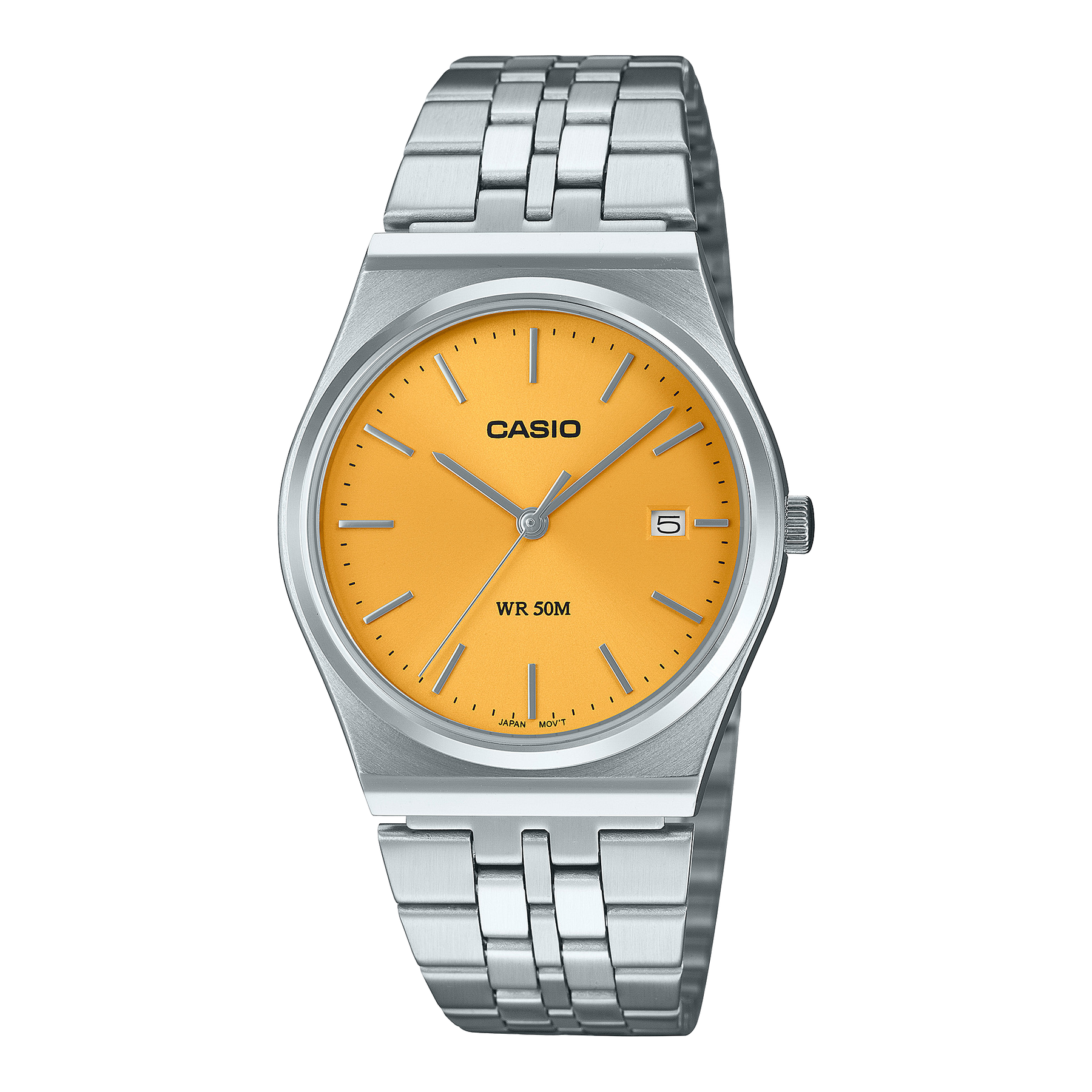 Casio Gents Analogue Retro 50m WR Yellow Dial Stainless Steel Watch - MTPB145D-9A CASIO 