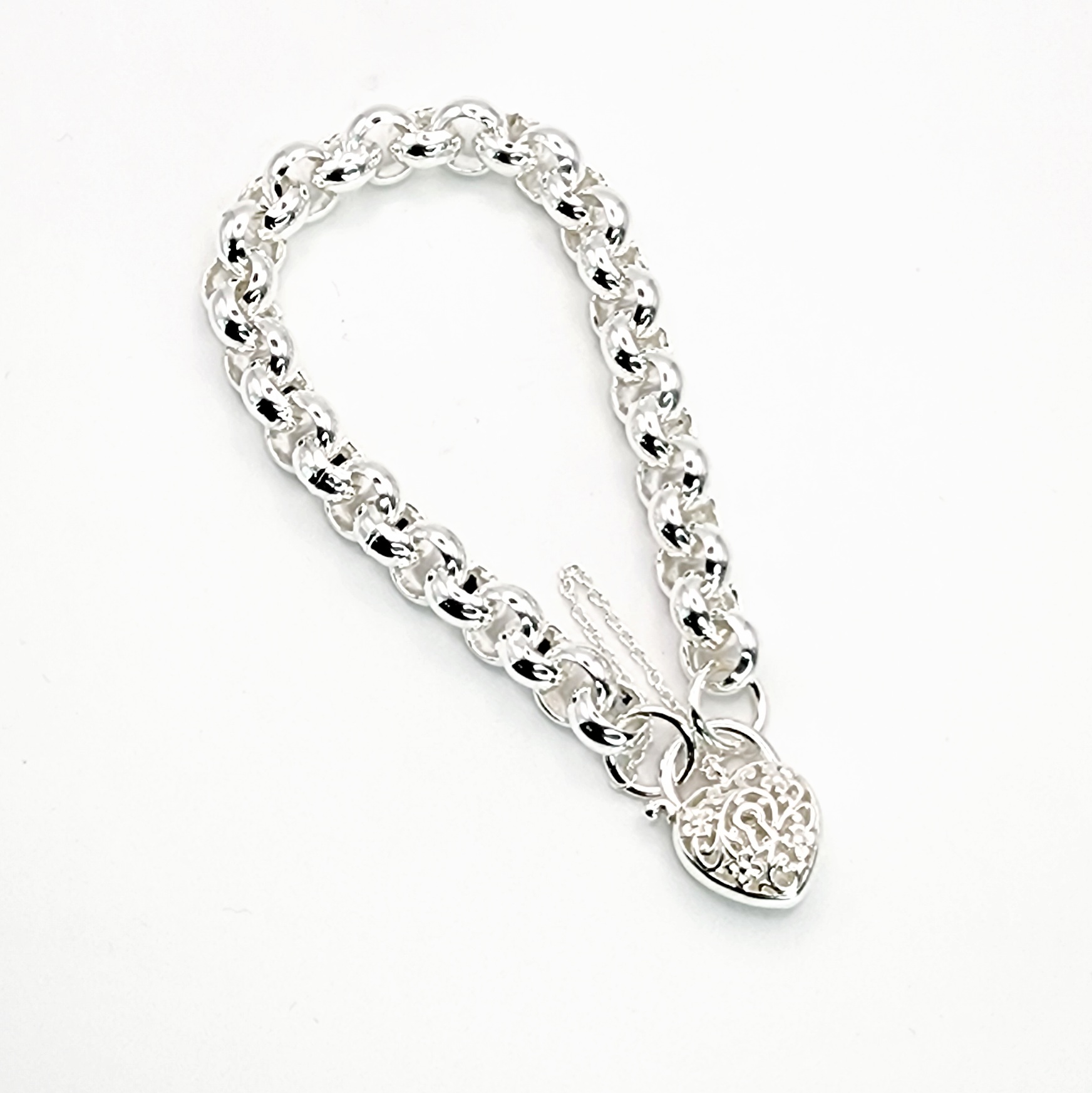 Sterling Silver 20cm Heavy Belcher Bracelet With Filigree Heart Padlock Sterling Silver Bracelets 