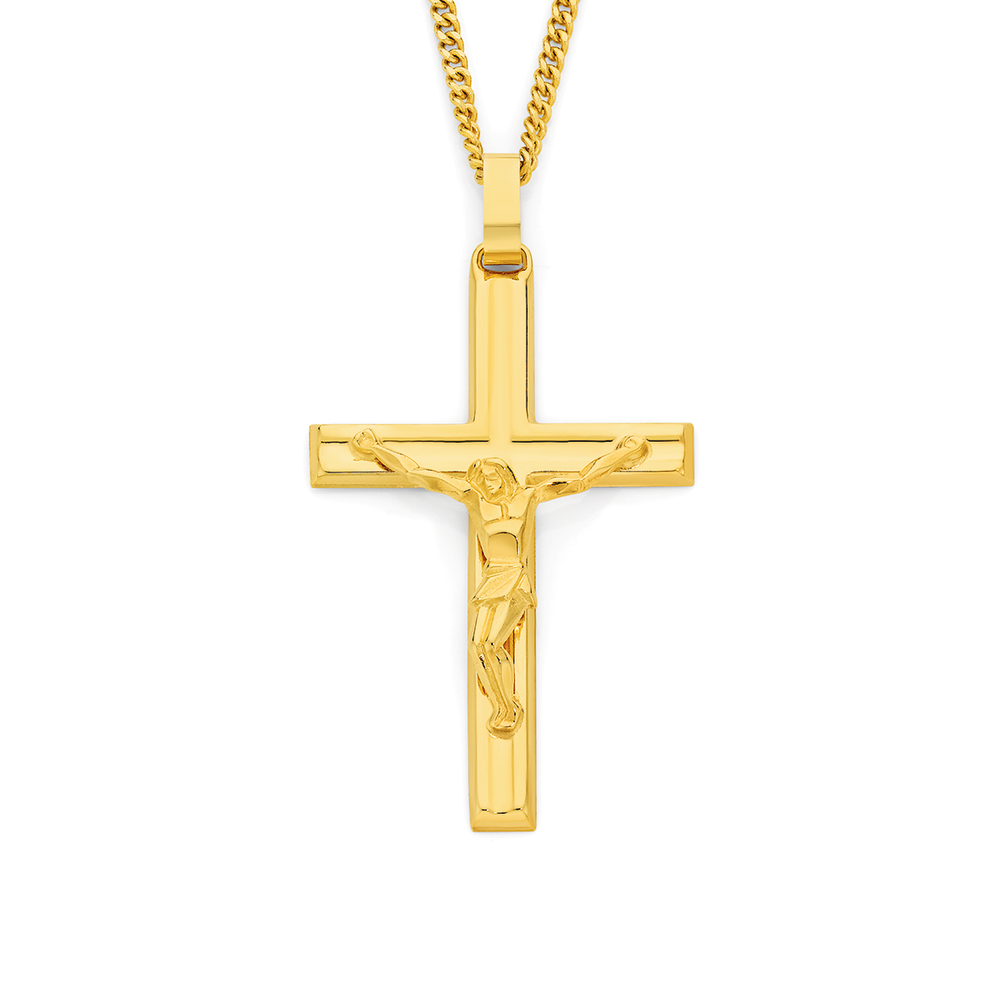 9ct Yellow Gold Large Polished Concave Centre with Squared Edge Crucifix 45mm Length, 30mm Width Gold Pendants 