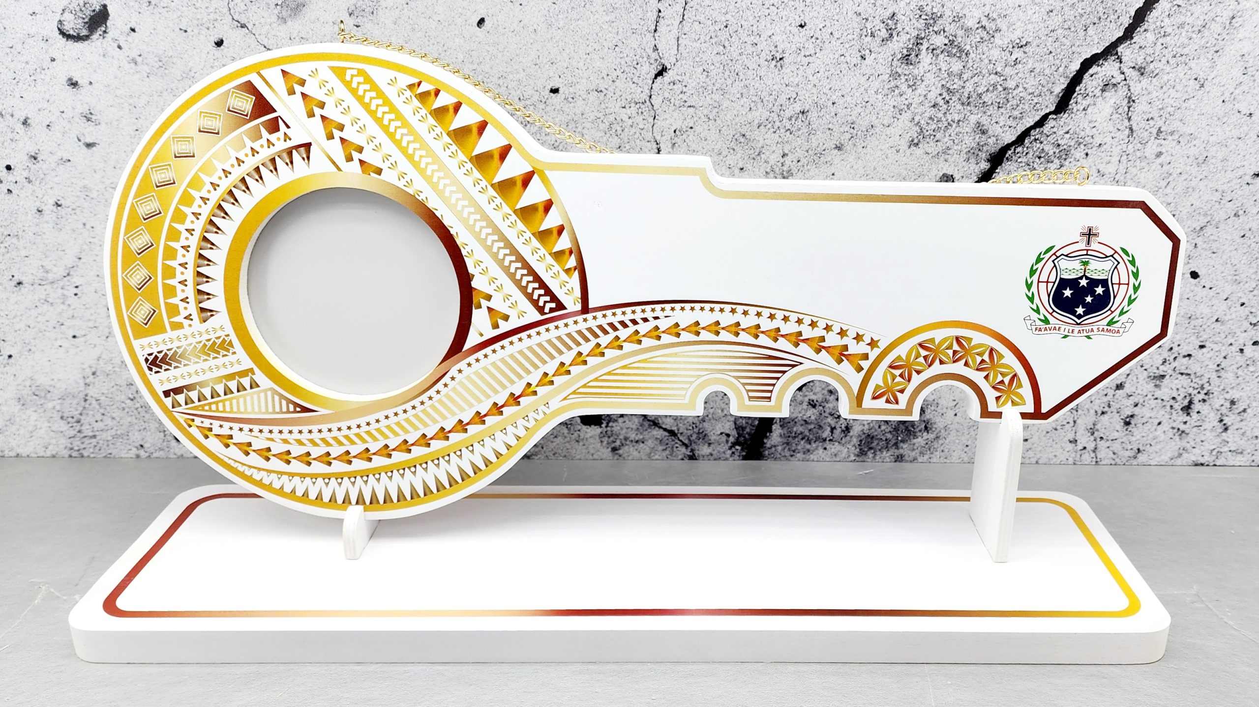 Island Design Golden Red Theme Colour UV Printed Birthday Key with Coloured Samoan Sila with Matching Colour Stand 21st Keys 