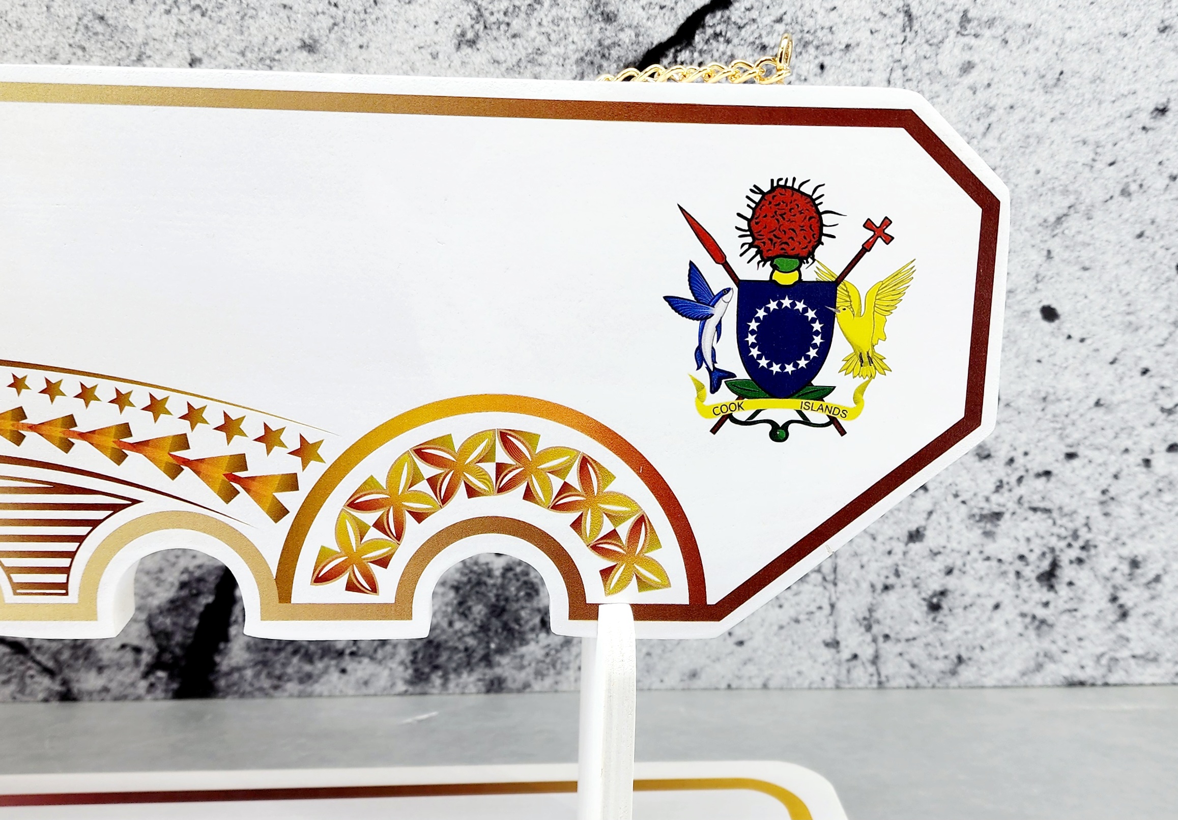 Island Design Golden Red Theme Colour UV Printed Birthday Key with Coat of Arms of Cook Islands and Matching Colour Stand 21st Keys Island Design Golden Red Theme Colour UV Printed Birthday Key with Coat of Arms of Cook Islands and Matching Colour Stand 21st Keys