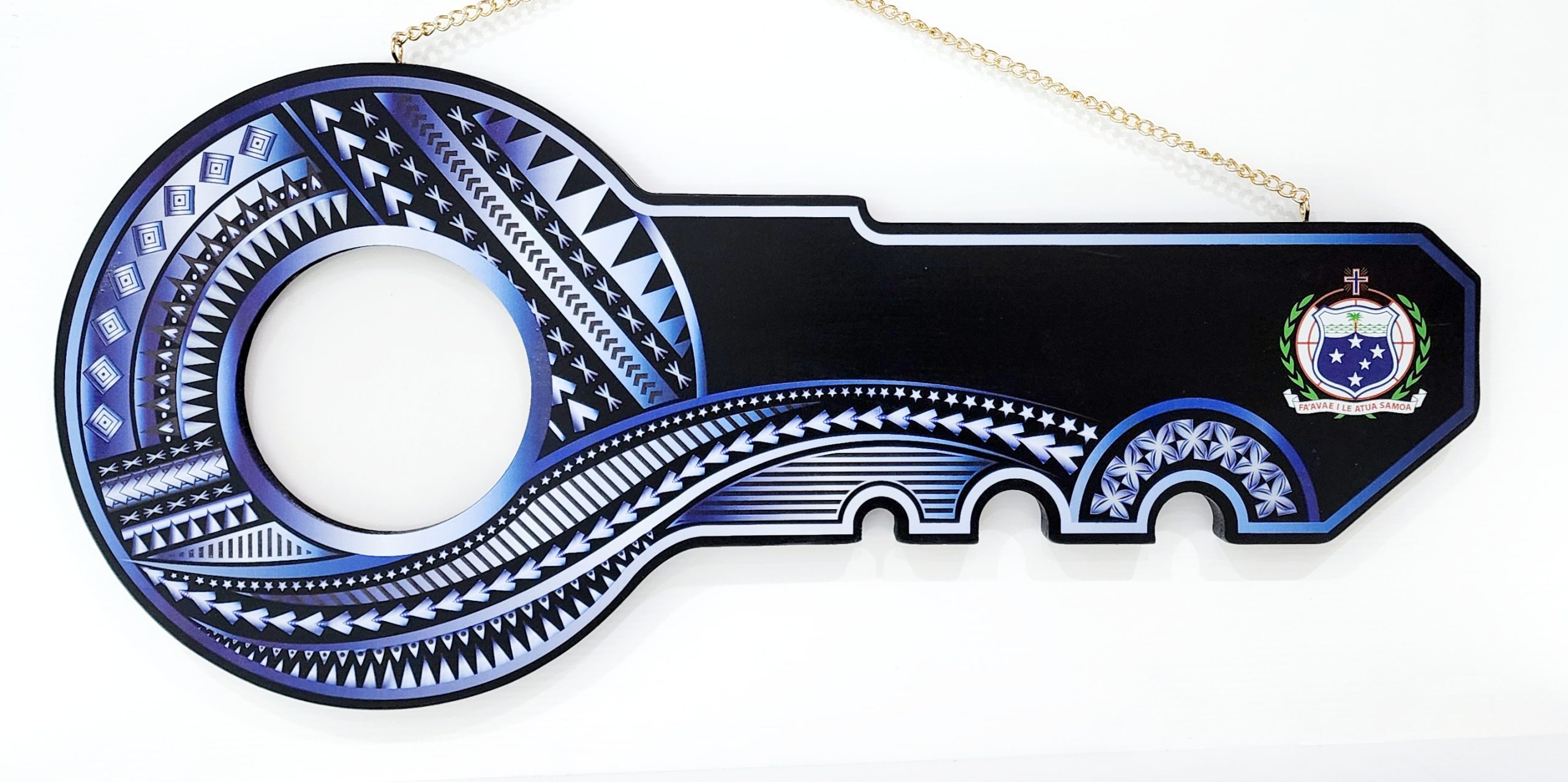 Island Design White & Blue Theme Colour UV Printed Birthday Key with Coloured Samoan Sila 21st Keys 