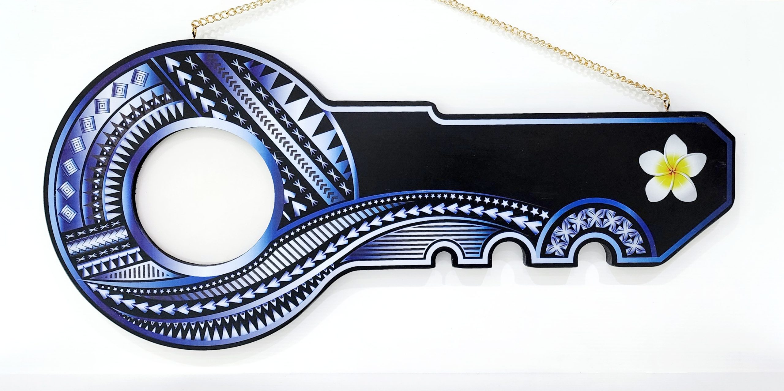 Island Design White & Blue Theme Colour UV Printed Birthday Key with White Frangipani Flower 21st Keys 