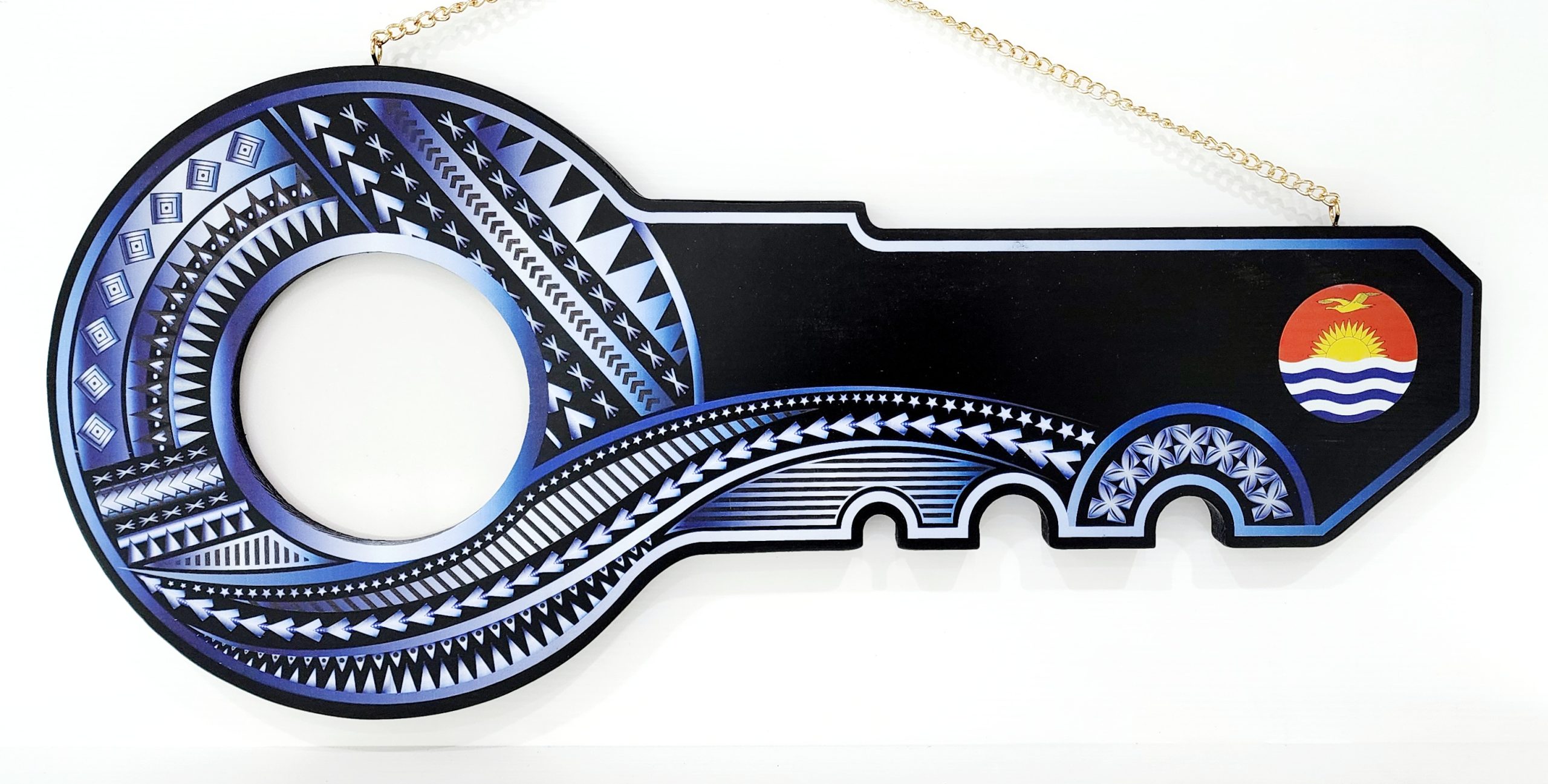 Island Design White & Blue Theme Colour UV Printed Birthday Key with Coloured Kiribati Flag 21st Keys 