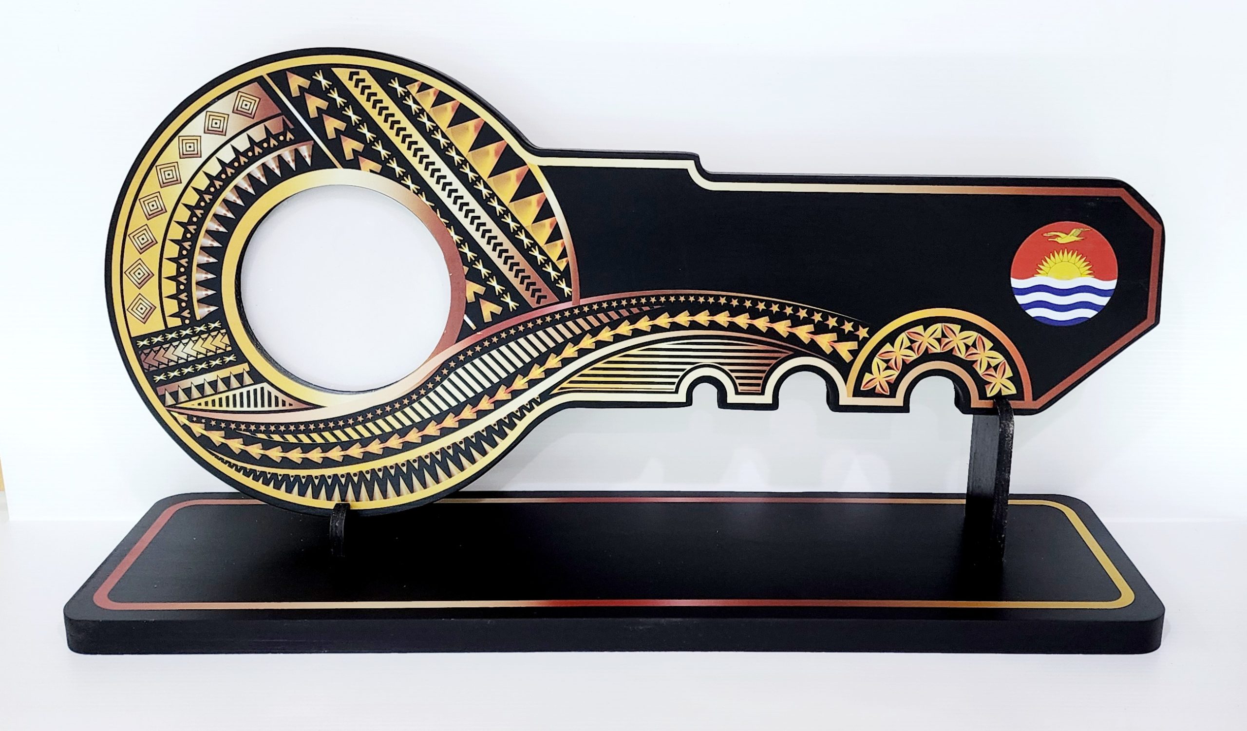 Island Design Golden Red Theme Colour UV Printed Birthday Key with Coloured Kiribati Flag and Matching Colour Stand 21st Keys 