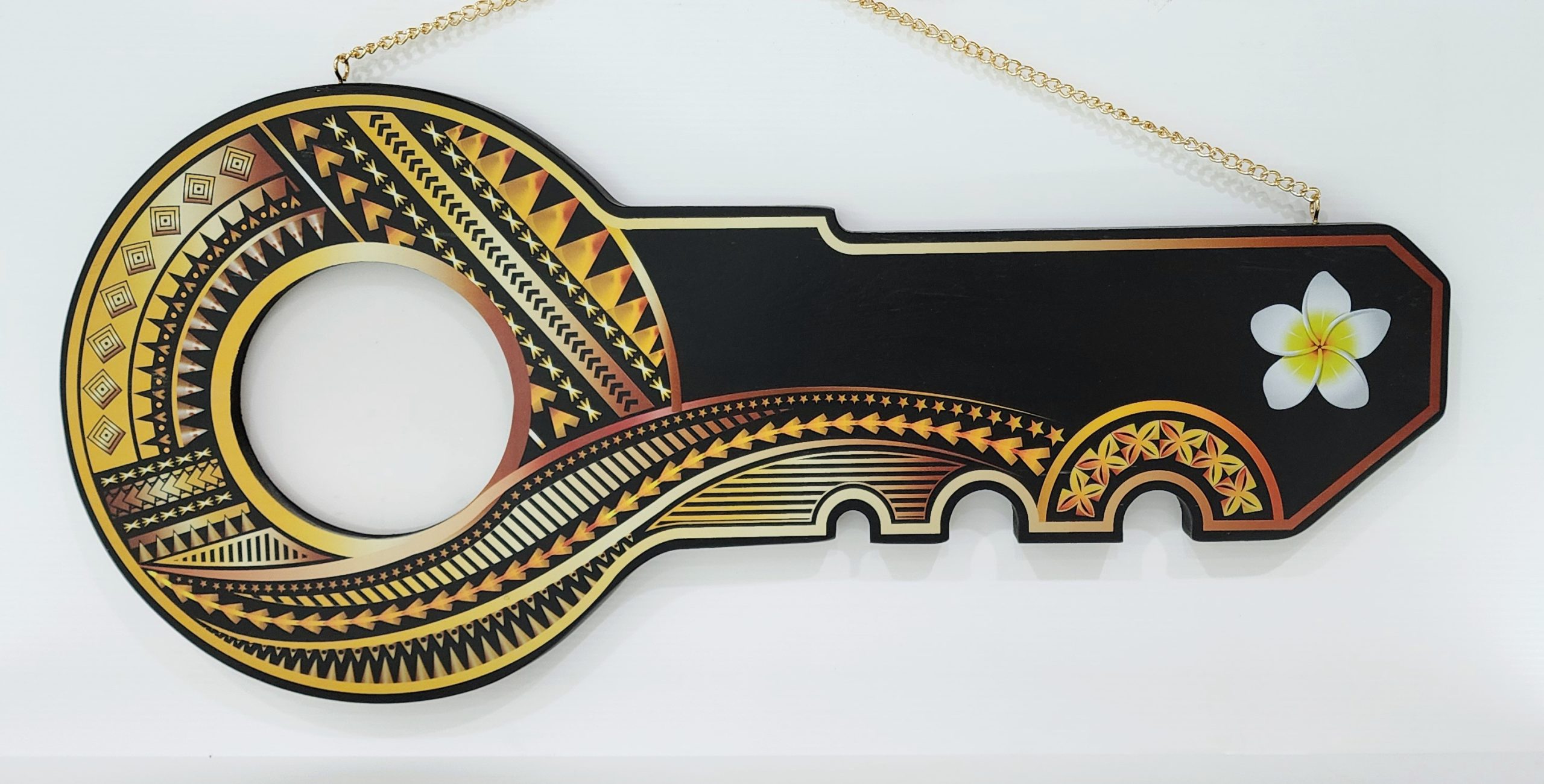 Island Design Golden Red Theme Colour UV Printed Birthday Key with White Frangipani Flower 21st Keys 