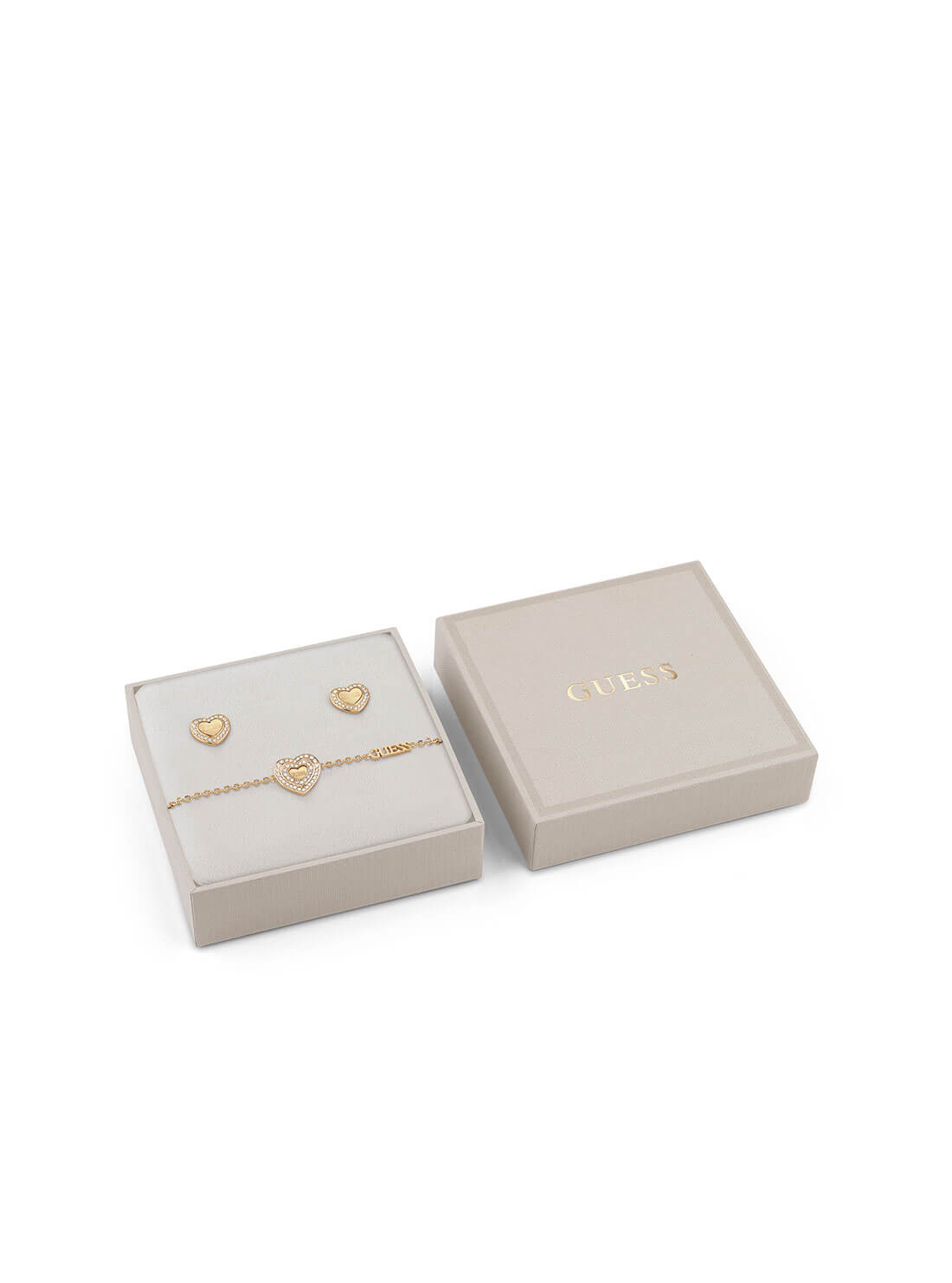 Guess Gold Tone Amami Crystal Heart Bracelet and Stud Earring Set GUESS JEWELLERY 