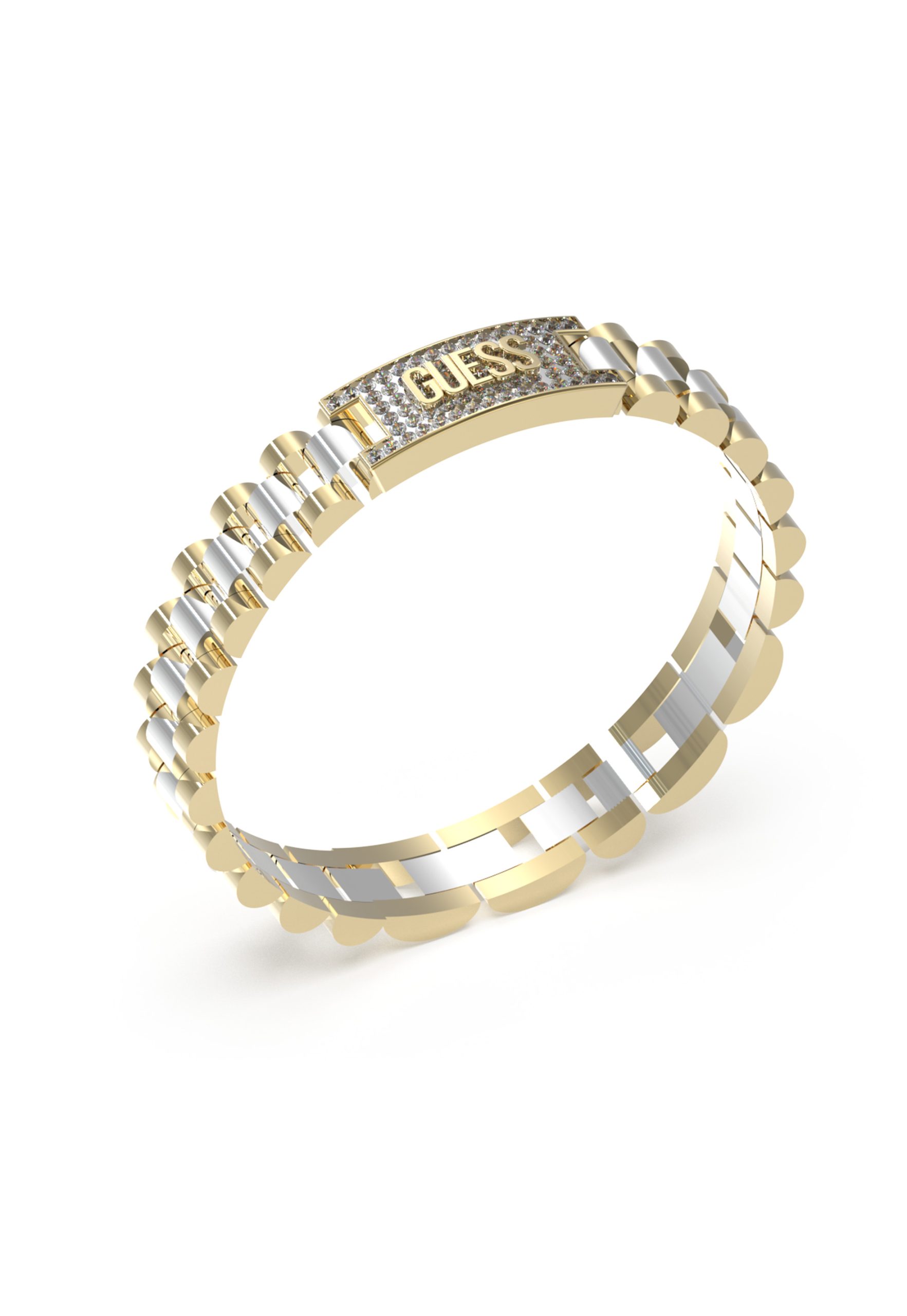 Guess Two-Tone Gold/Silver 10mm Guess Pave Logo Empire Chain Bracelet GUESS JEWELLERY 