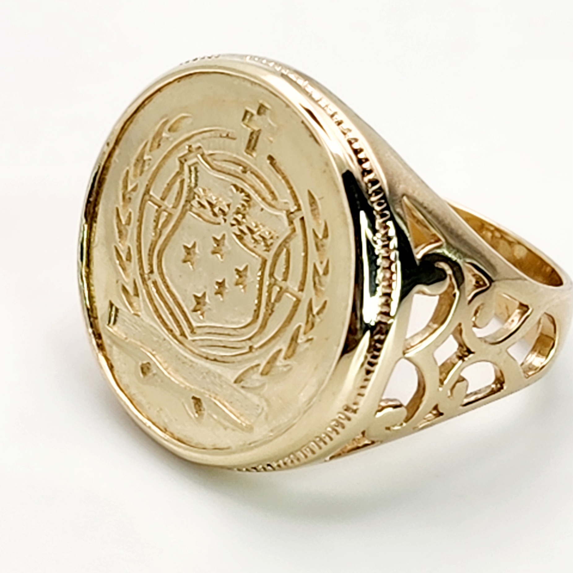 9ct Yellow Gold Samoan Sila Coin Ring with Filigree Ring Mount Gold Rings, Men's Gold Rings 