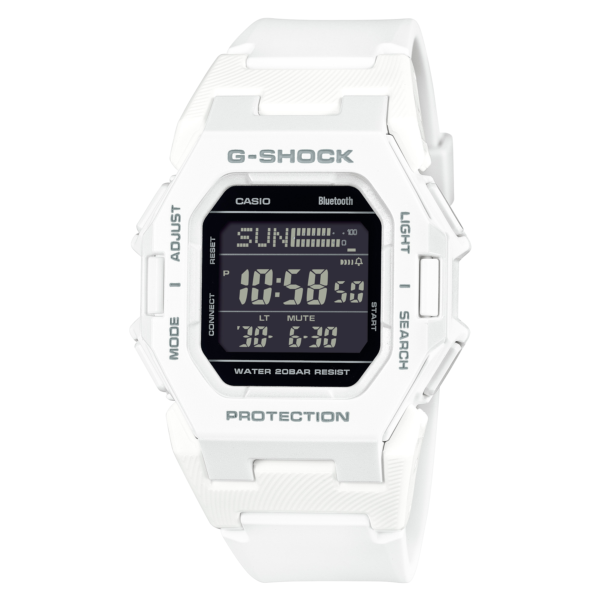 Casio G-Shock Digital Square Duel Time 200M WR Bluetooth Black Face, White Resin Band - GDB500-7D G-SHOCK 