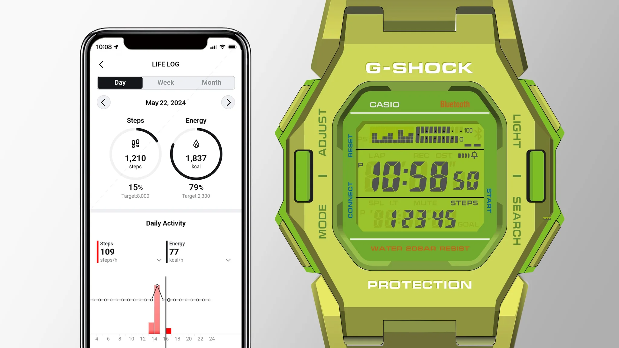 Casio G-Shock Digital Square Duel Time 200M WR Bluetooth Green Face, Translucent Resin Band - GDB500S-3D G-SHOCK Casio G-Shock Digital Square Duel Time 200M WR Bluetooth Green Face, Translucent Resin Band - GDB500S-3D G-SHOCK