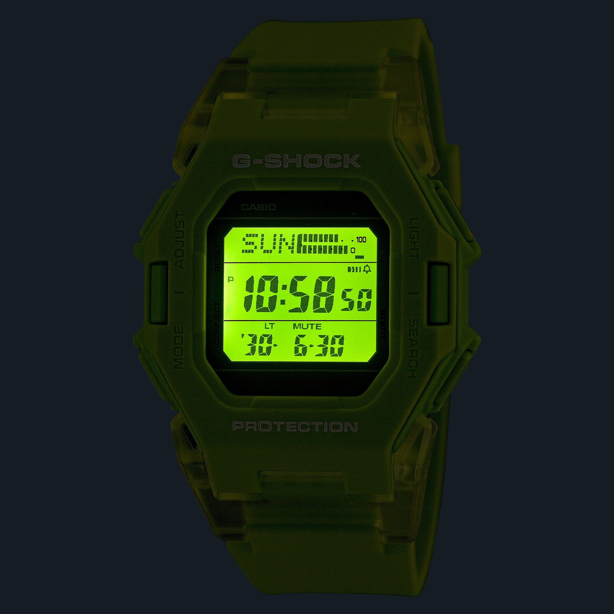 Casio G-Shock Digital Square Duel Time 200M WR Bluetooth Green Face, Translucent Resin Band - GDB500S-3D G-SHOCK Casio G-Shock Digital Square Duel Time 200M WR Bluetooth Green Face, Translucent Resin Band - GDB500S-3D G-SHOCK