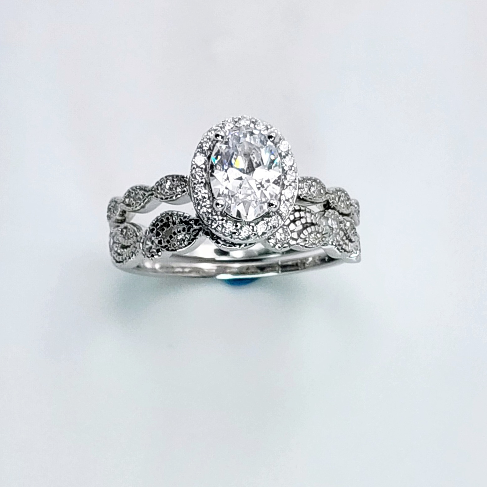 Sterling Silver Oval Shaped Halo 2 Piece Cubic Zirconia Bridal Set Sterling Silver Rings Sterling Silver Oval Shaped Halo 2 Piece Cubic Zirconia Bridal Set Sterling Silver Rings