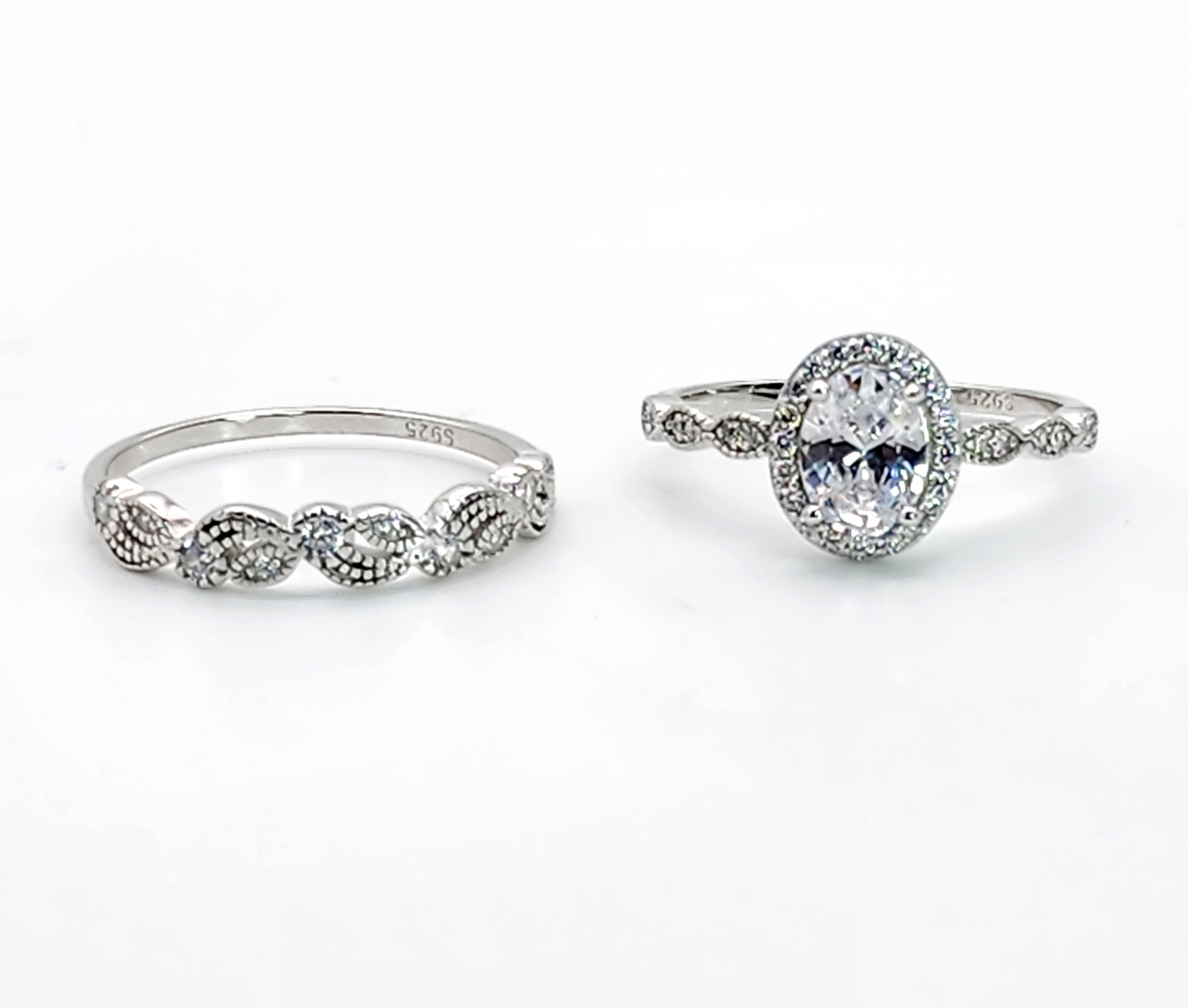Sterling Silver Oval Shaped Halo 2 Piece Cubic Zirconia Bridal Set Sterling Silver Rings Sterling Silver Oval Shaped Halo 2 Piece Cubic Zirconia Bridal Set Sterling Silver Rings
