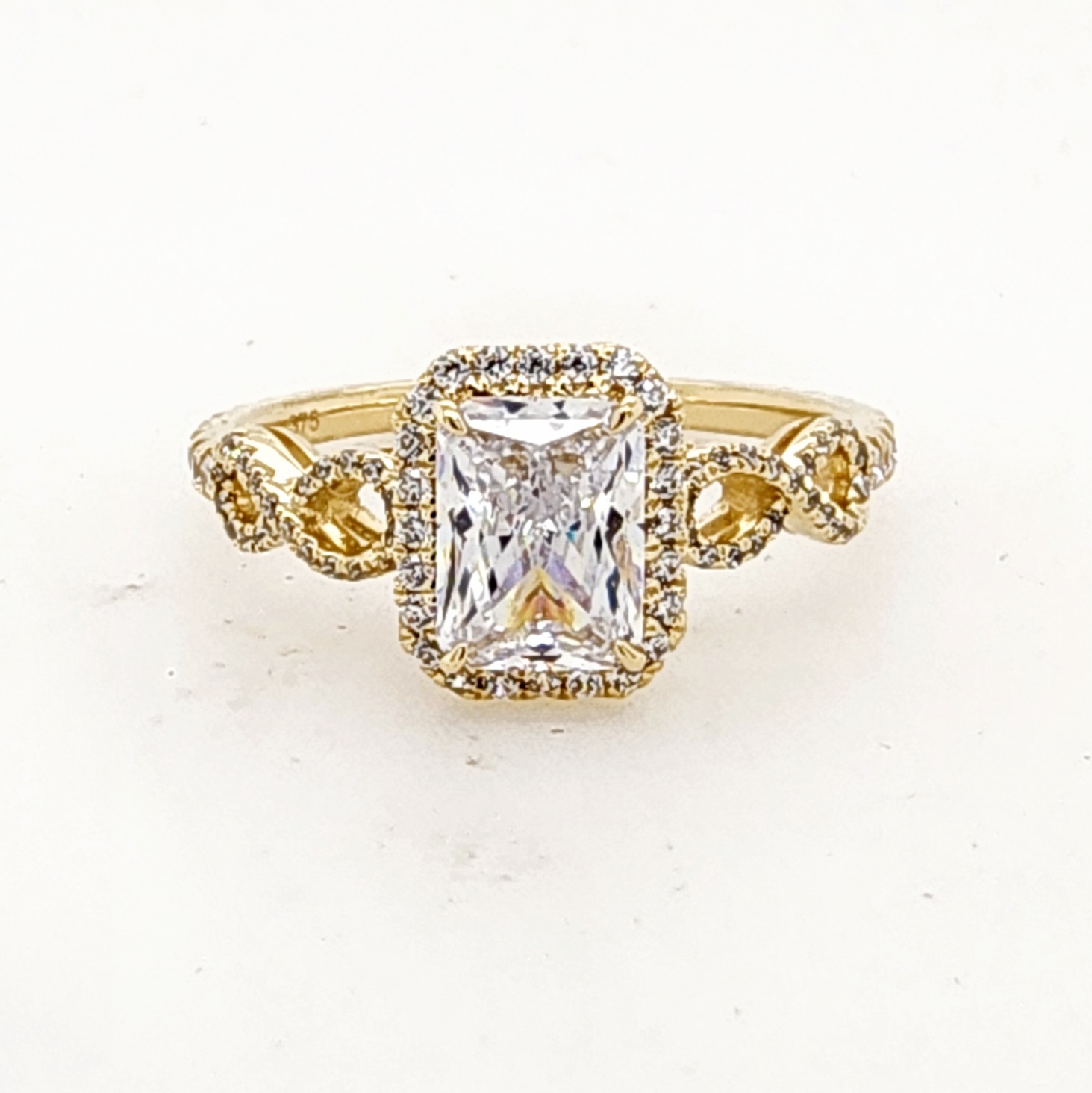 9ct Yellow Gold Emerald / Radiant Infinity Halo Cathedral Cubic Zirconia Engagement Ring Gold Rings 9ct Yellow Gold Emerald / Radiant Infinity Halo Cathedral Cubic Zirconia Engagement Ring Gold Rings