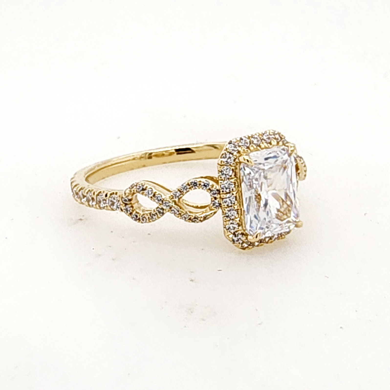 9ct Yellow Gold Emerald / Radiant Infinity Halo Cathedral Cubic Zirconia Engagement Ring Gold Rings 9ct Yellow Gold Emerald / Radiant Infinity Halo Cathedral Cubic Zirconia Engagement Ring Gold Rings