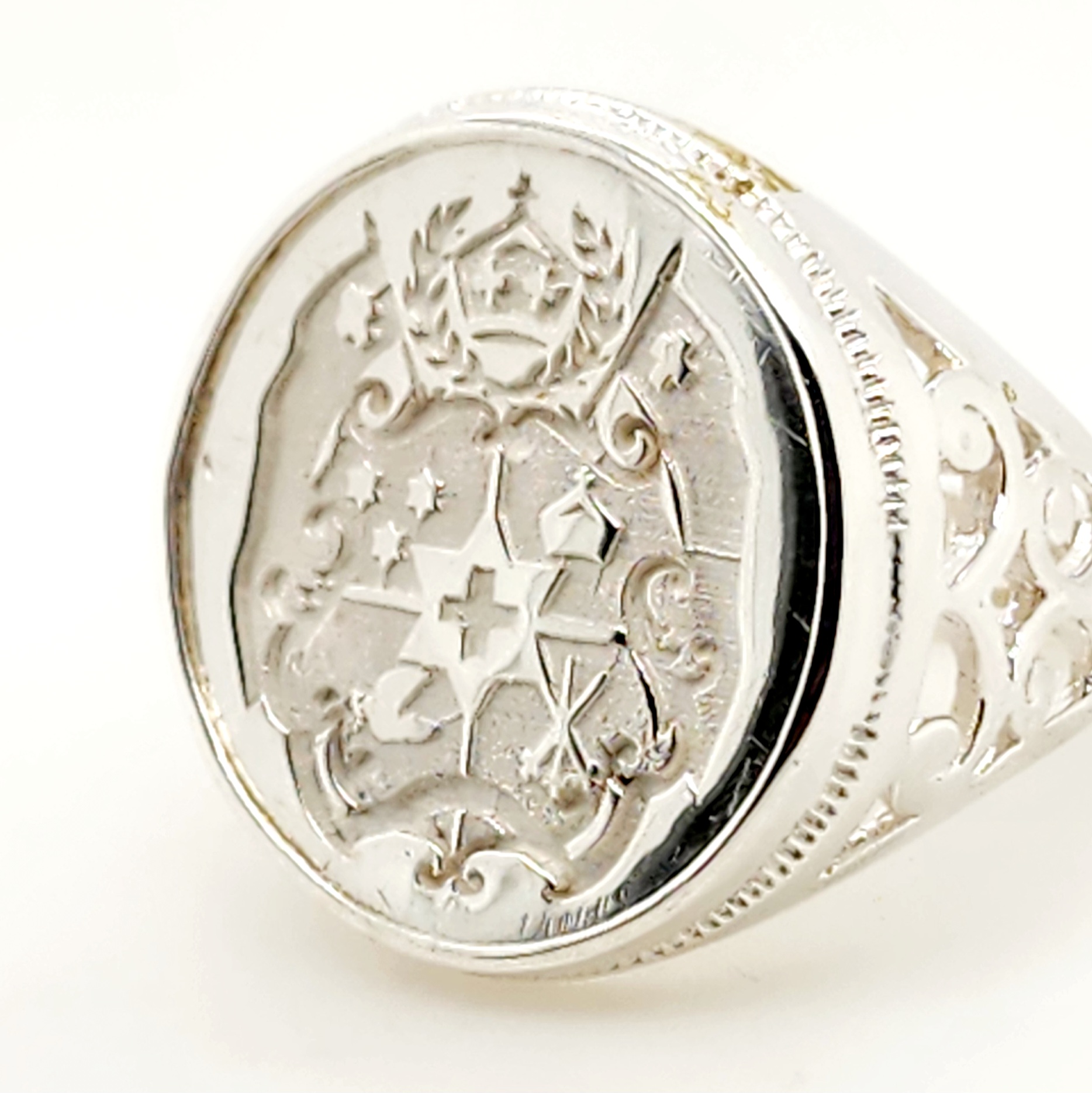 Sterling Silver Tongan Sila Coin Ring with Filigree Ring Mount Sterling Silver Rings Sterling Silver Tongan Sila Coin Ring with Filigree Ring Mount Sterling Silver Rings