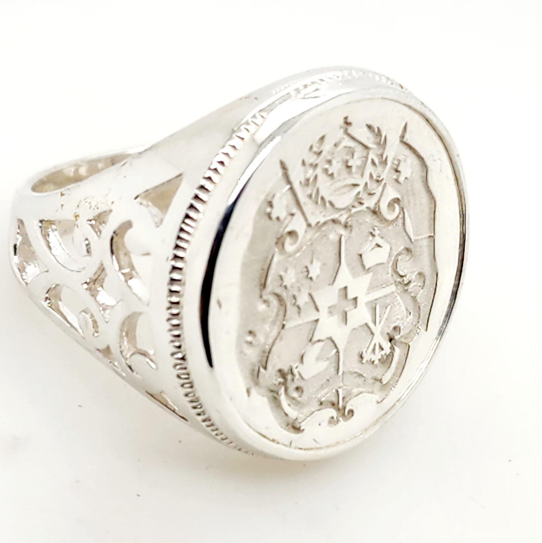 Sterling Silver Tongan Sila Coin Ring with Filigree Ring Mount Sterling Silver Rings Sterling Silver Tongan Sila Coin Ring with Filigree Ring Mount Sterling Silver Rings
