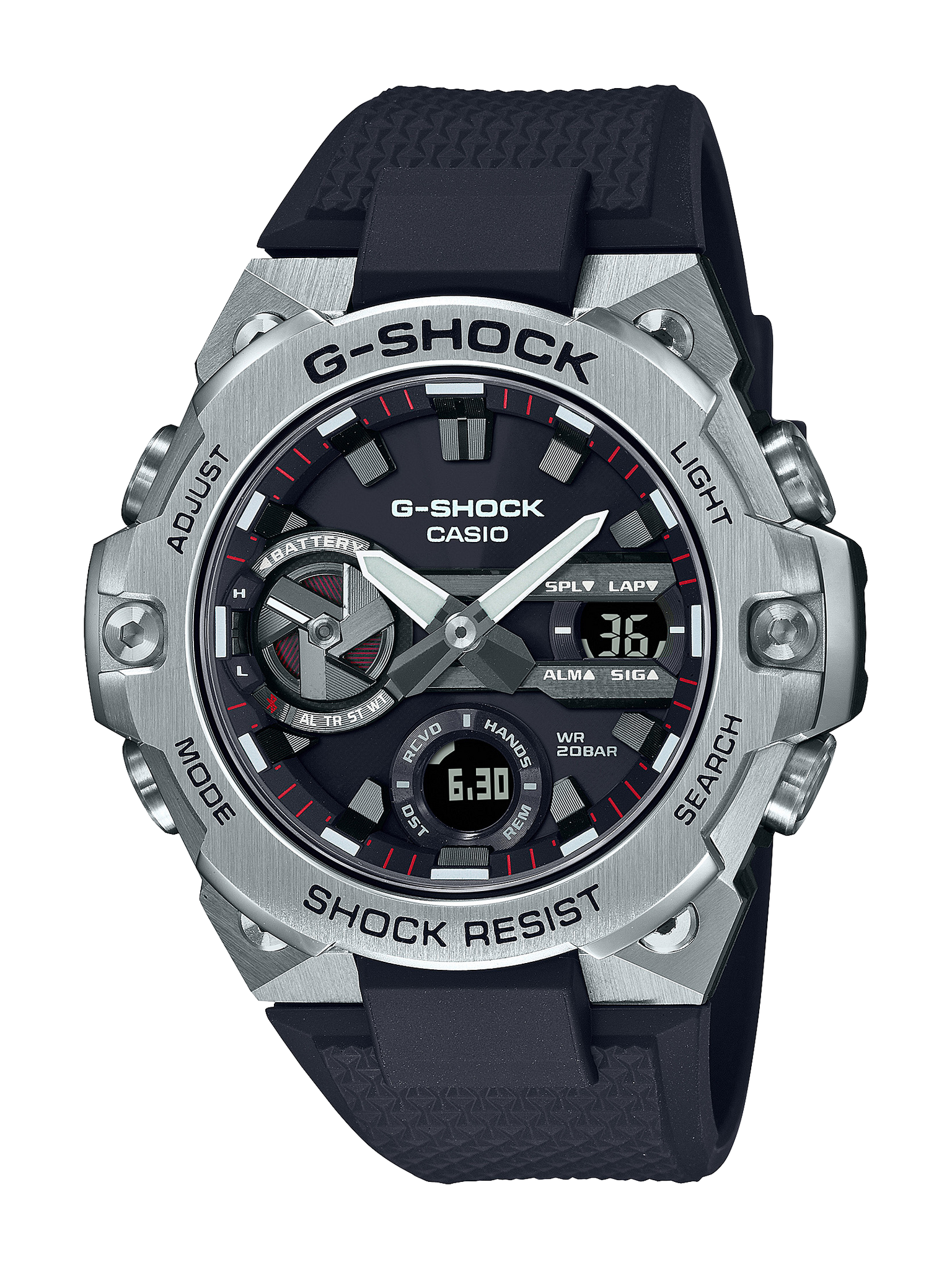 Casio G-Shock Duel Time Carbon Core Solar Powered Bluetooth 200M WR Black Dial Silver Case Black Resin Band - GSTB400-1A G-SHOCK 