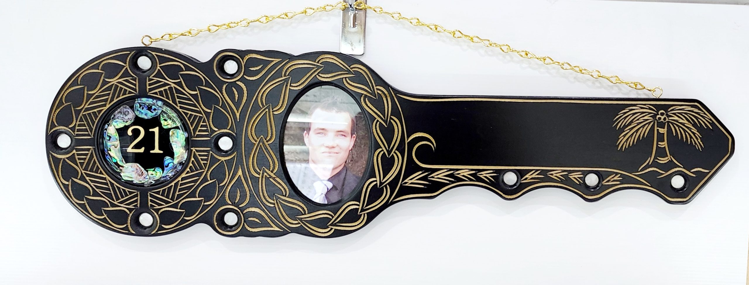21st Hand Carved Island Design Key with 21 Paua Shell Disc Insert 21st Keys 