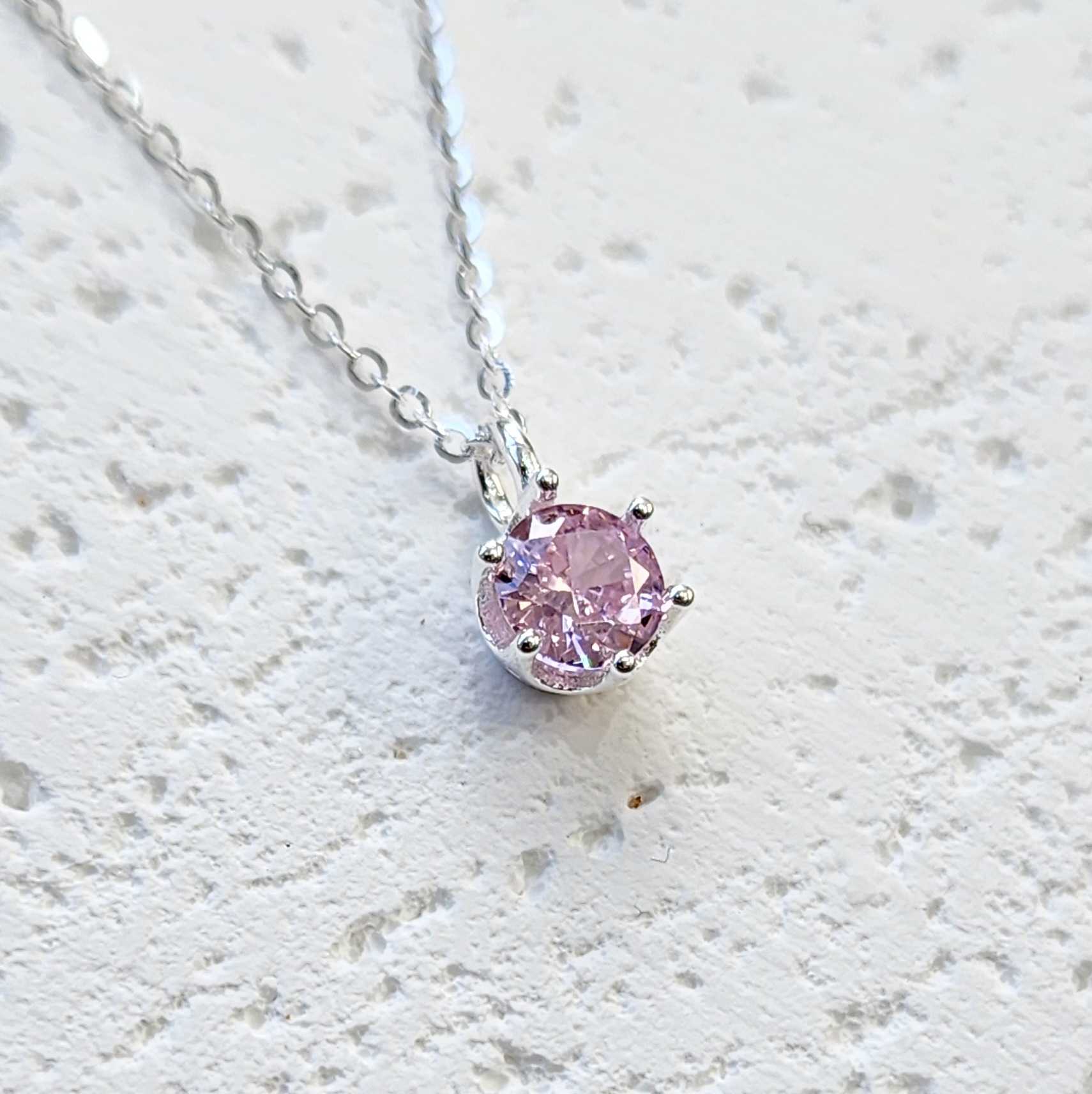 Sterling Silver Pink CZ 6 Claw Round Pendant with Sterling Silver Chain Sterling Silver Pendants 