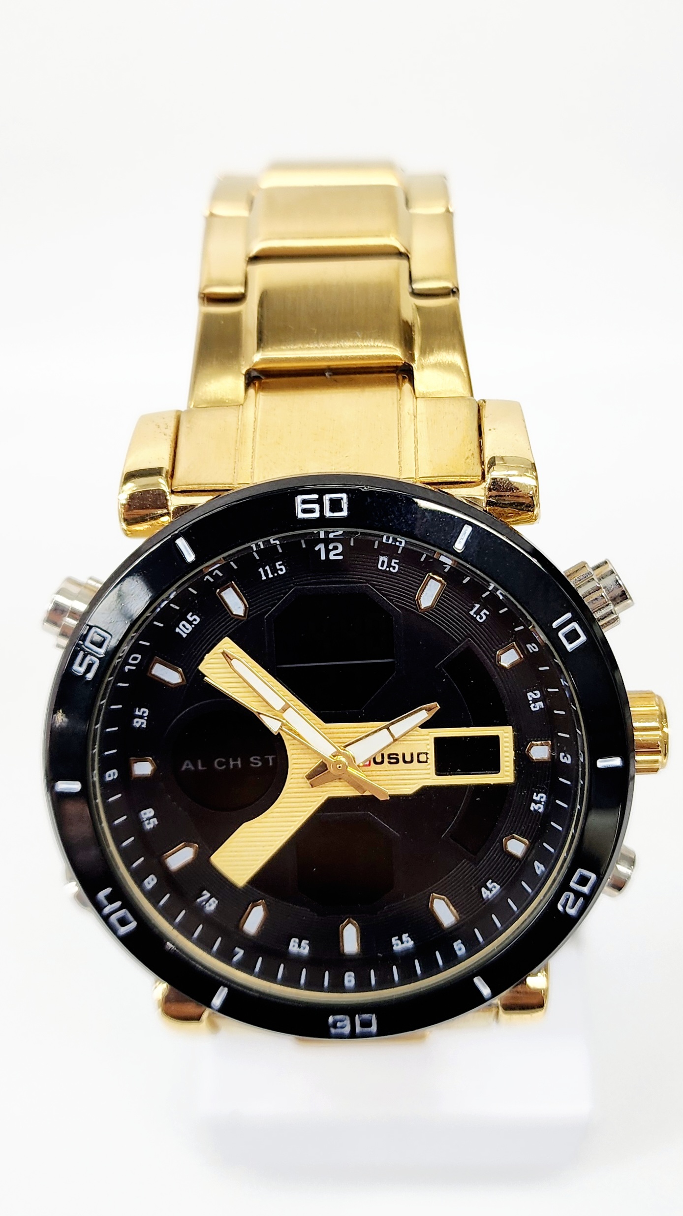 Stylish Dual Time Mens Analog/Digital Metal Strap, Multifunction LED Analog Gold Tone Band, Black Dial Quartz Watch Dress Watches Stylish Dual Time Mens Analog/Digital Metal Strap, Multifunction LED Analog Gold Tone Band, Black Dial Quartz Watch Dress Watches
