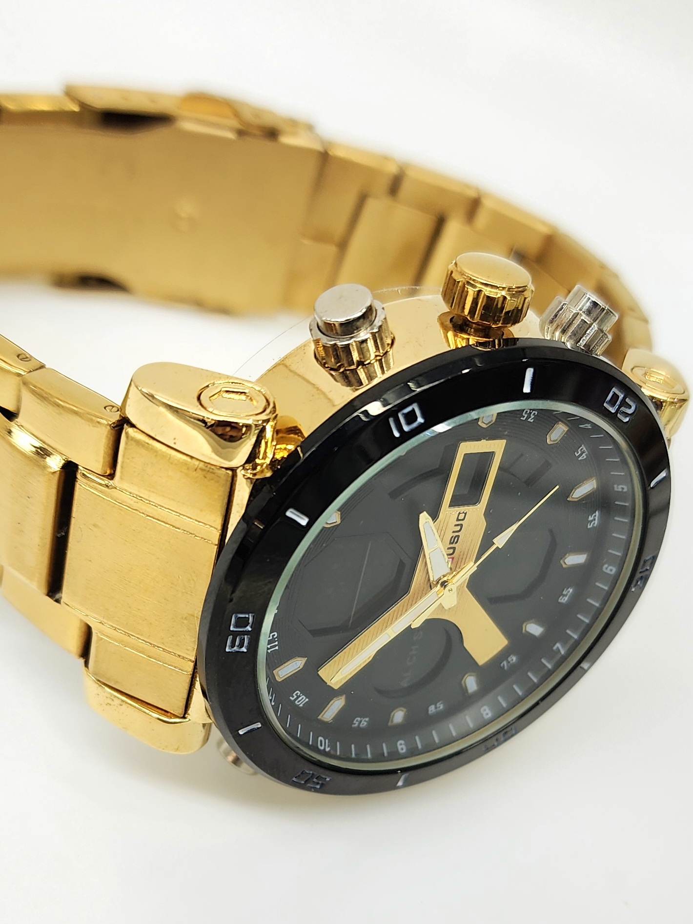 Stylish Dual Time Mens Analog/Digital Metal Strap, Multifunction LED Analog Gold Tone Band, Black Dial Quartz Watch Dress Watches Stylish Dual Time Mens Analog/Digital Metal Strap, Multifunction LED Analog Gold Tone Band, Black Dial Quartz Watch Dress Watches