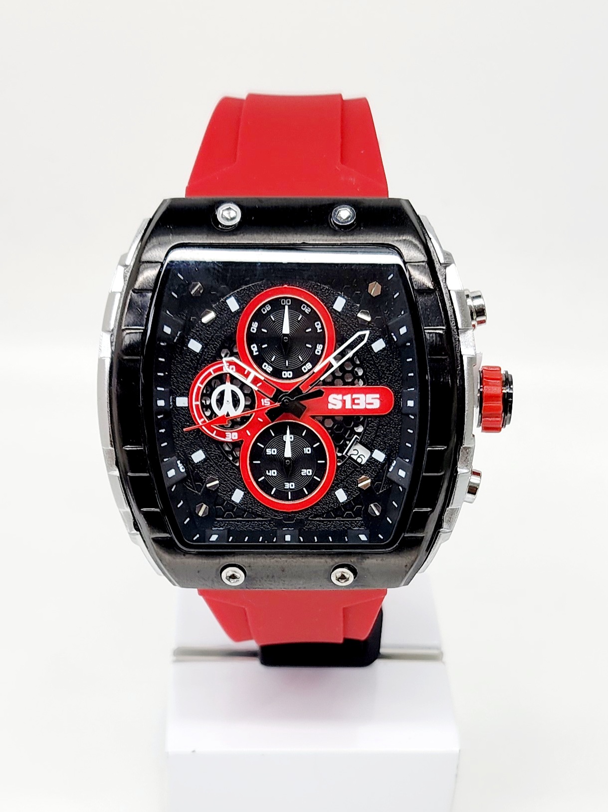 Stylish Mens Analog Rubber Strap, Multifunction Analog Red Rubber Strap, Gold/Black Case, Black Dial Quartz Watch Dress Watches 