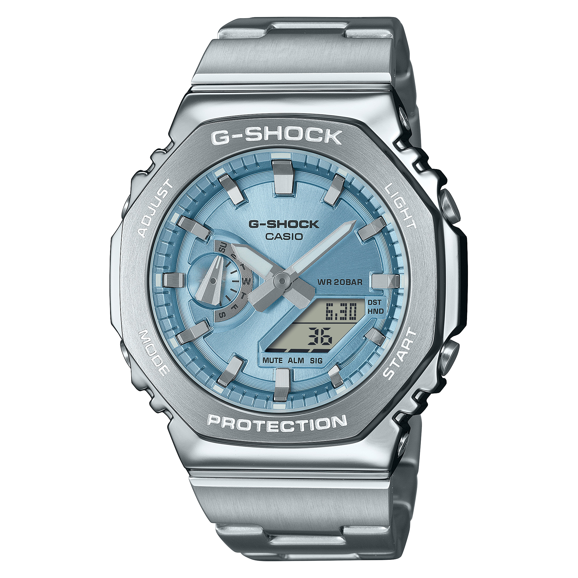 G-Shock Duel Time 200M WR Stopwatch, Alarm Light Blue Face, Stainless Steel Band - GM2110D-2A G-SHOCK 