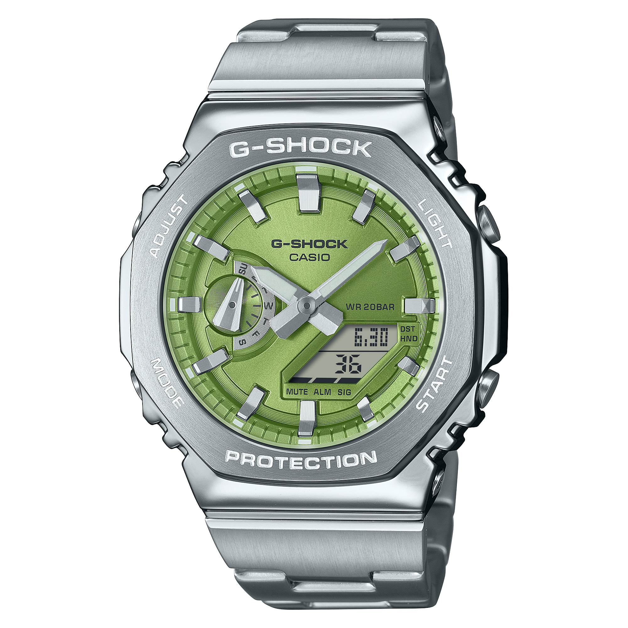 G-Shock Duel Time 200M WR Stopwatch, Alarm Green Face, Stainless Steel Band - GM2110D-3A G-SHOCK 