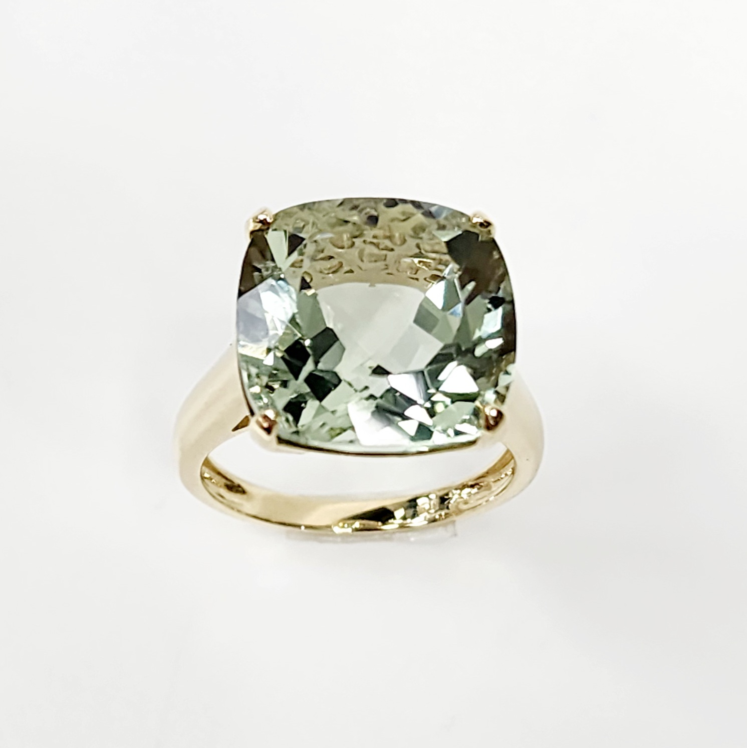 9ct Yellow Gold Ladies Ring with Large 16mm x 16mm Cushion Cut Green Amethyst 14.50ct Ring Gold Rings 9ct Yellow Gold Ladies Ring with Large 16mm x 16mm Cushion Cut Green Amethyst 14.50ct Ring Gold Rings