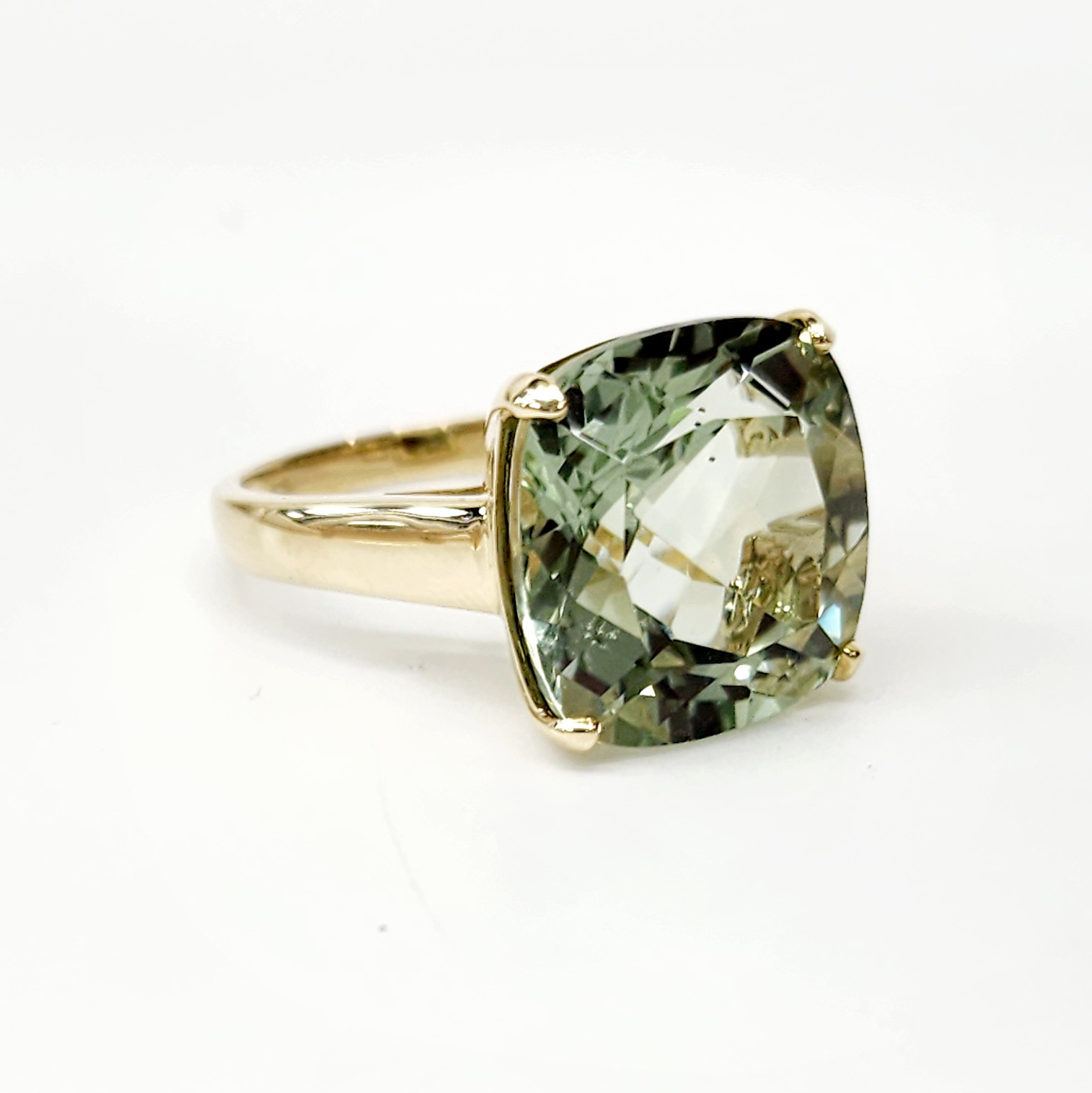 9ct Yellow Gold Ladies Ring with Large 16mm x 16mm Cushion Cut Green Amethyst 14.50ct Ring Gold Rings 9ct Yellow Gold Ladies Ring with Large 16mm x 16mm Cushion Cut Green Amethyst 14.50ct Ring Gold Rings