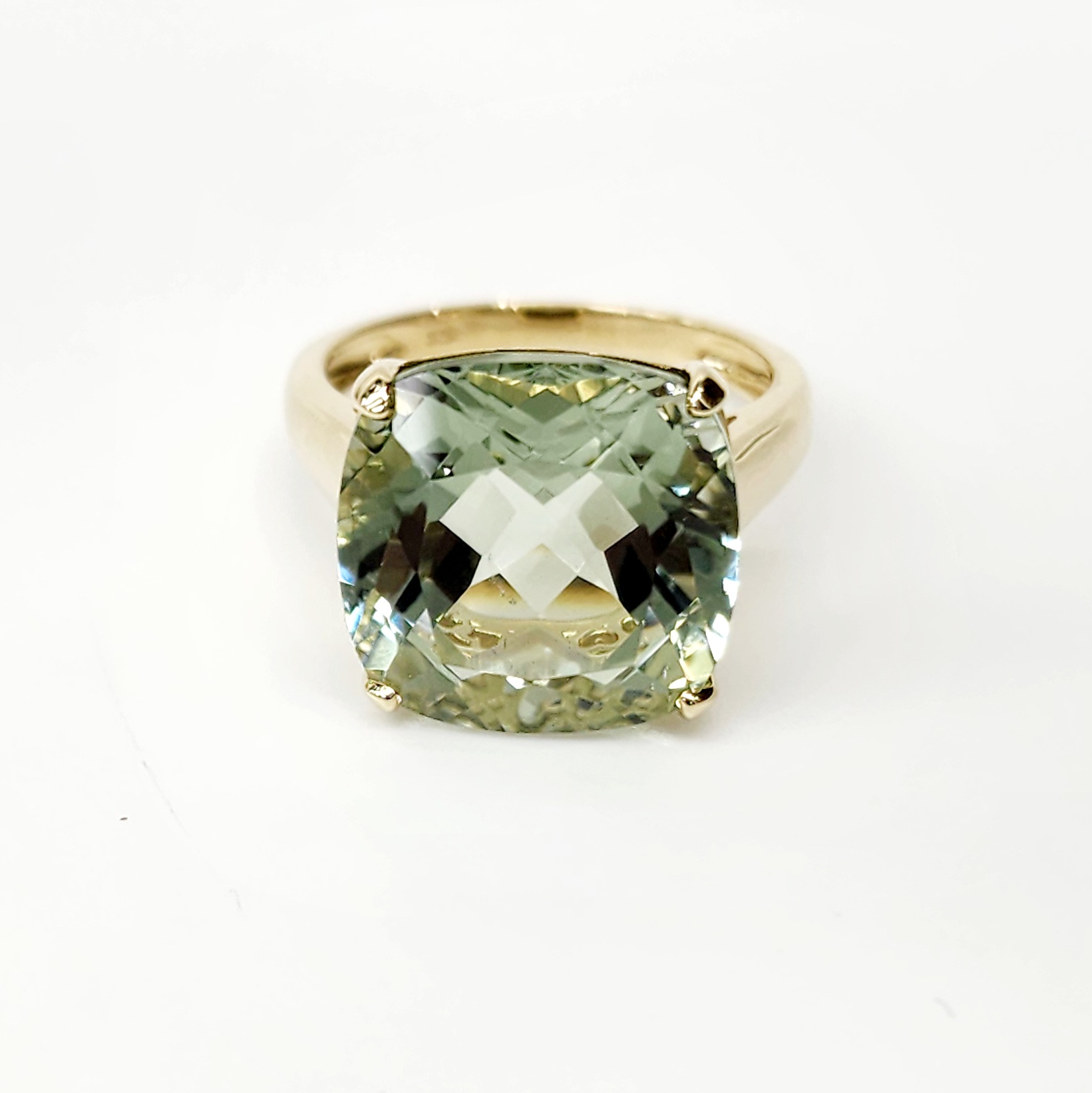 9ct Yellow Gold Ladies Ring with Large 16mm x 16mm Cushion Cut Green Amethyst 14.50ct Ring Gold Rings 9ct Yellow Gold Ladies Ring with Large 16mm x 16mm Cushion Cut Green Amethyst 14.50ct Ring Gold Rings