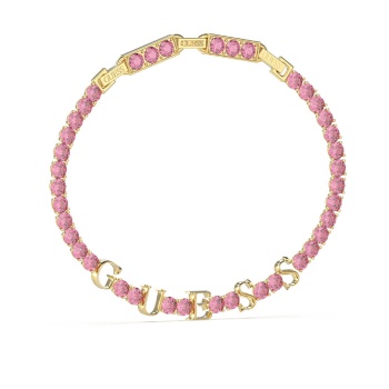 Guess Gold Tone Arm Party Pink Logo Tennis Bracelet  