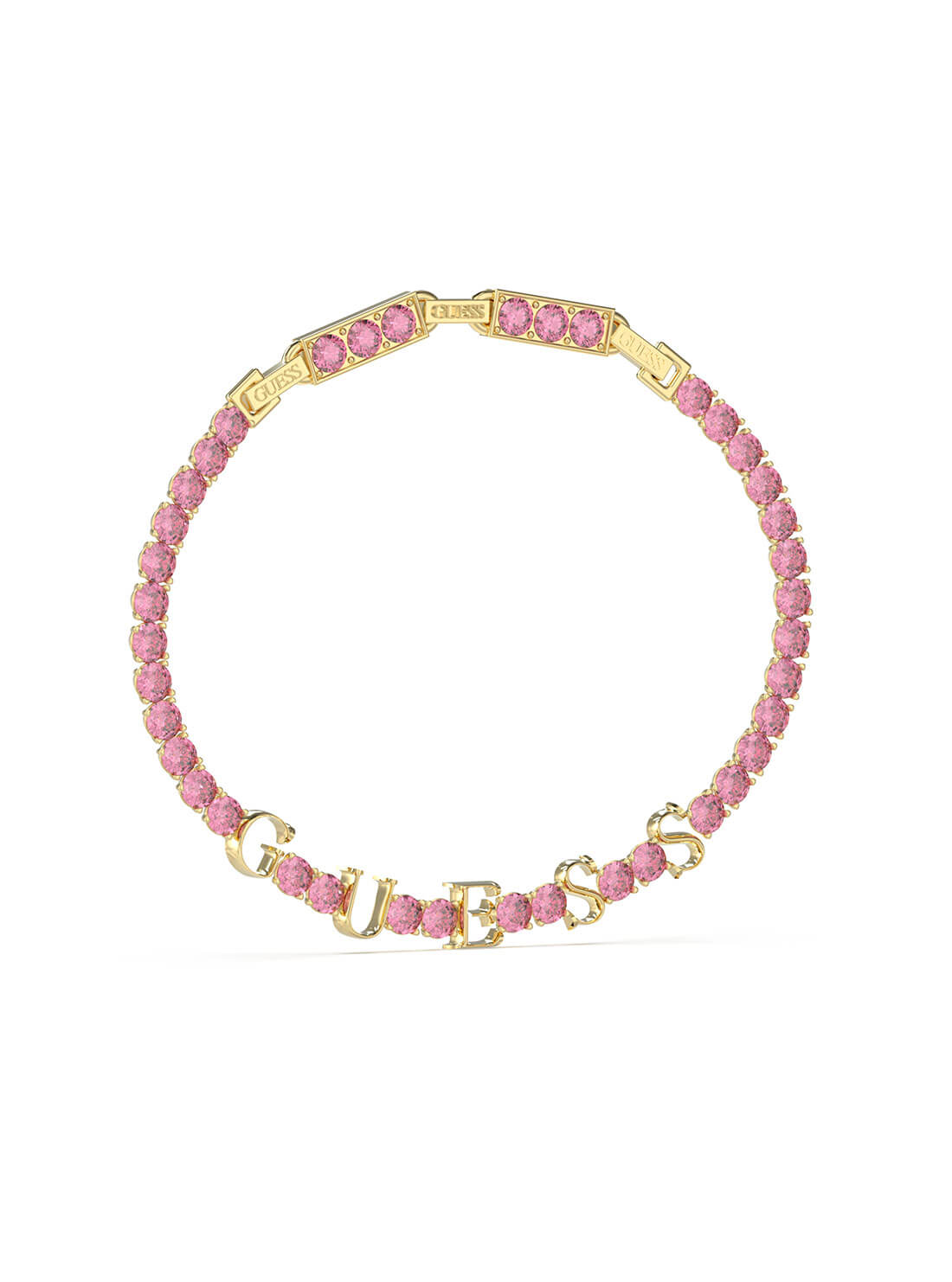 Guess Gold Tone Arm Party Pink Logo Tennis Bracelet  