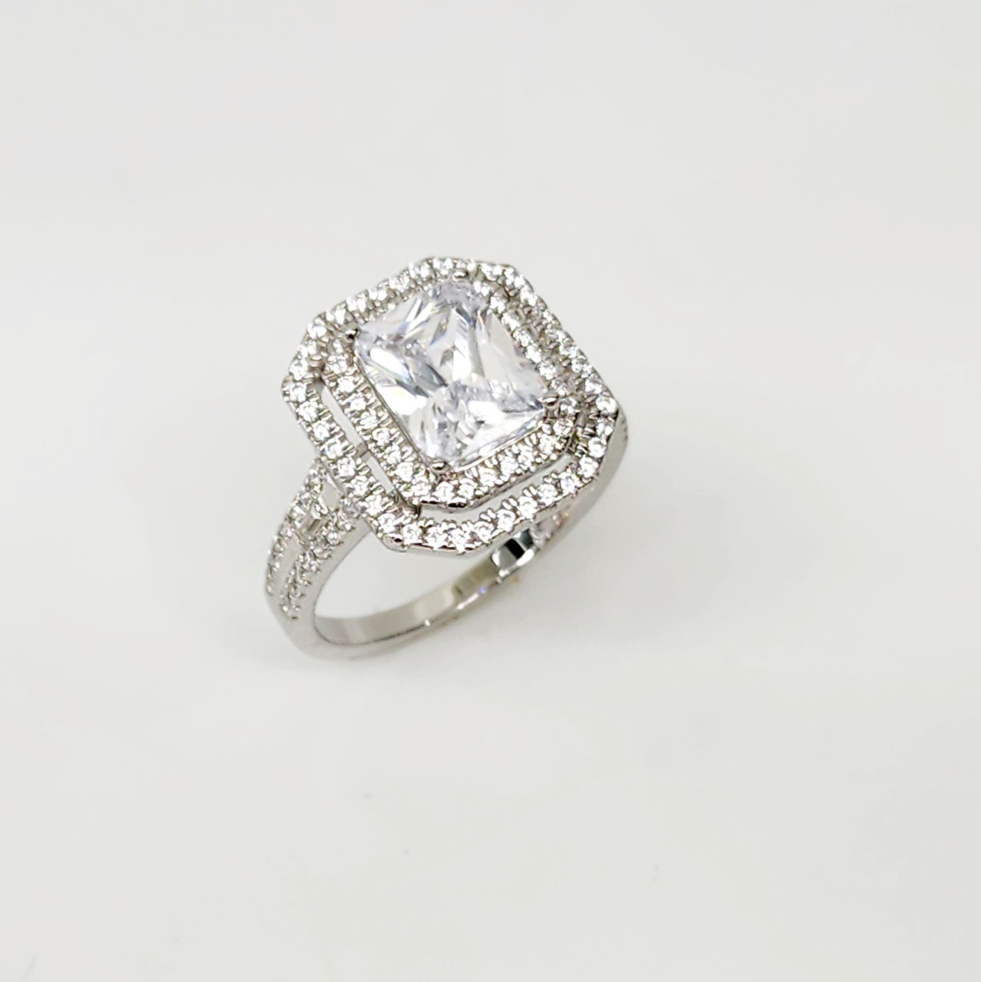 Emerald Cut CZ Engagement Ring with a Double Halo Three Phases Pave Setting in Sterling Silver Sterling Silver Rings Emerald Cut CZ Engagement Ring with a Double Halo Three Phases Pave Setting in Sterling Silver Sterling Silver Rings