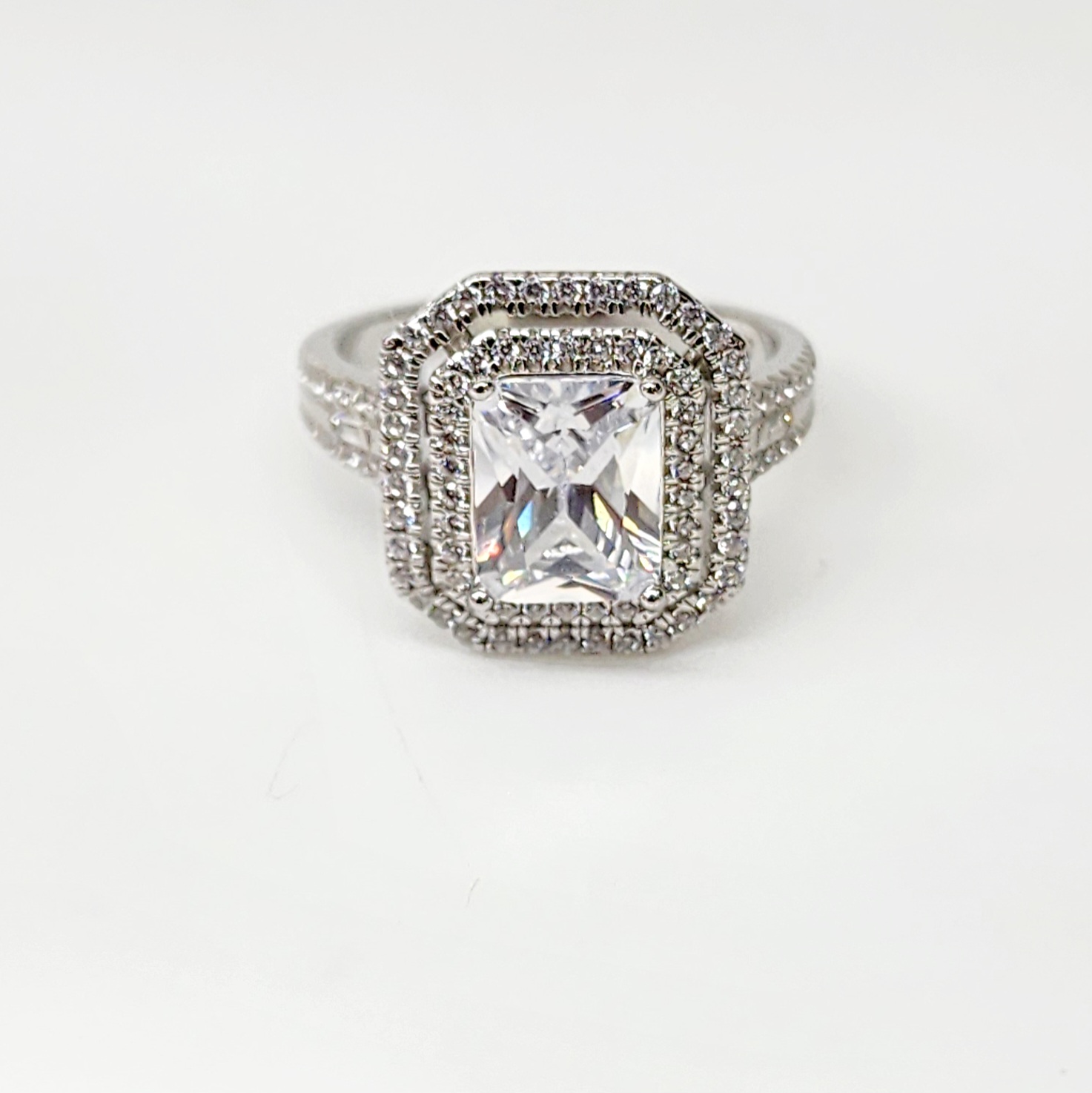 Emerald Cut CZ Engagement Ring with a Double Halo Three Phases Pave Setting in Sterling Silver Sterling Silver Rings Emerald Cut CZ Engagement Ring with a Double Halo Three Phases Pave Setting in Sterling Silver Sterling Silver Rings