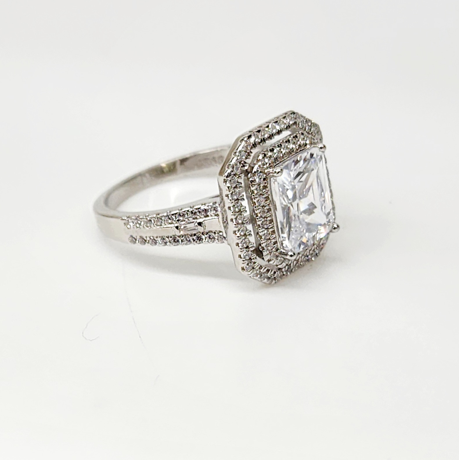 Emerald Cut CZ Engagement Ring with a Double Halo Three Phases Pave Setting in Sterling Silver Sterling Silver Rings Emerald Cut CZ Engagement Ring with a Double Halo Three Phases Pave Setting in Sterling Silver Sterling Silver Rings