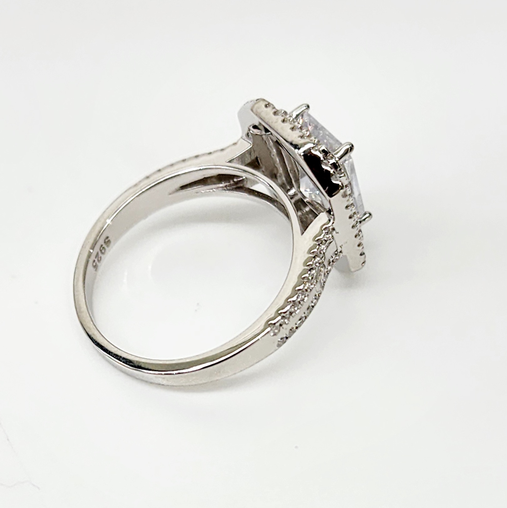 Emerald Cut CZ Engagement Ring with a Double Halo Three Phases Pave Setting in Sterling Silver Sterling Silver Rings Emerald Cut CZ Engagement Ring with a Double Halo Three Phases Pave Setting in Sterling Silver Sterling Silver Rings