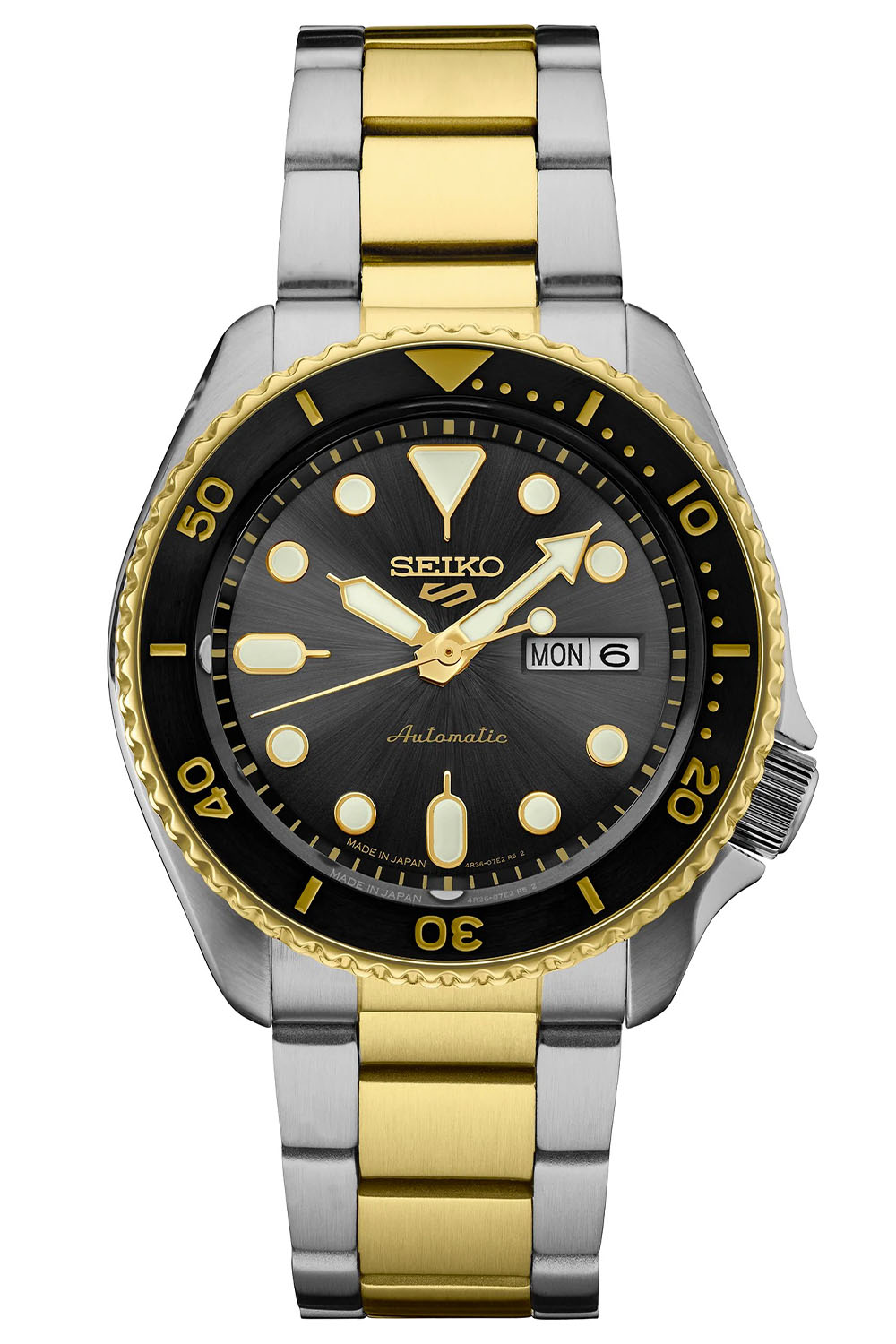 SEIKO 5 SPORTS Automatic 100m Water Proof Two Tone Case & Band, Black Dial Watch - SRPK22J WATCH 