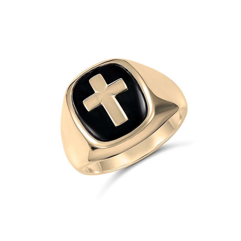 9ct Yellow Gold 14 x 12mm Cushion Black Onyx with Yellow Gold Cross Gold Rings 
